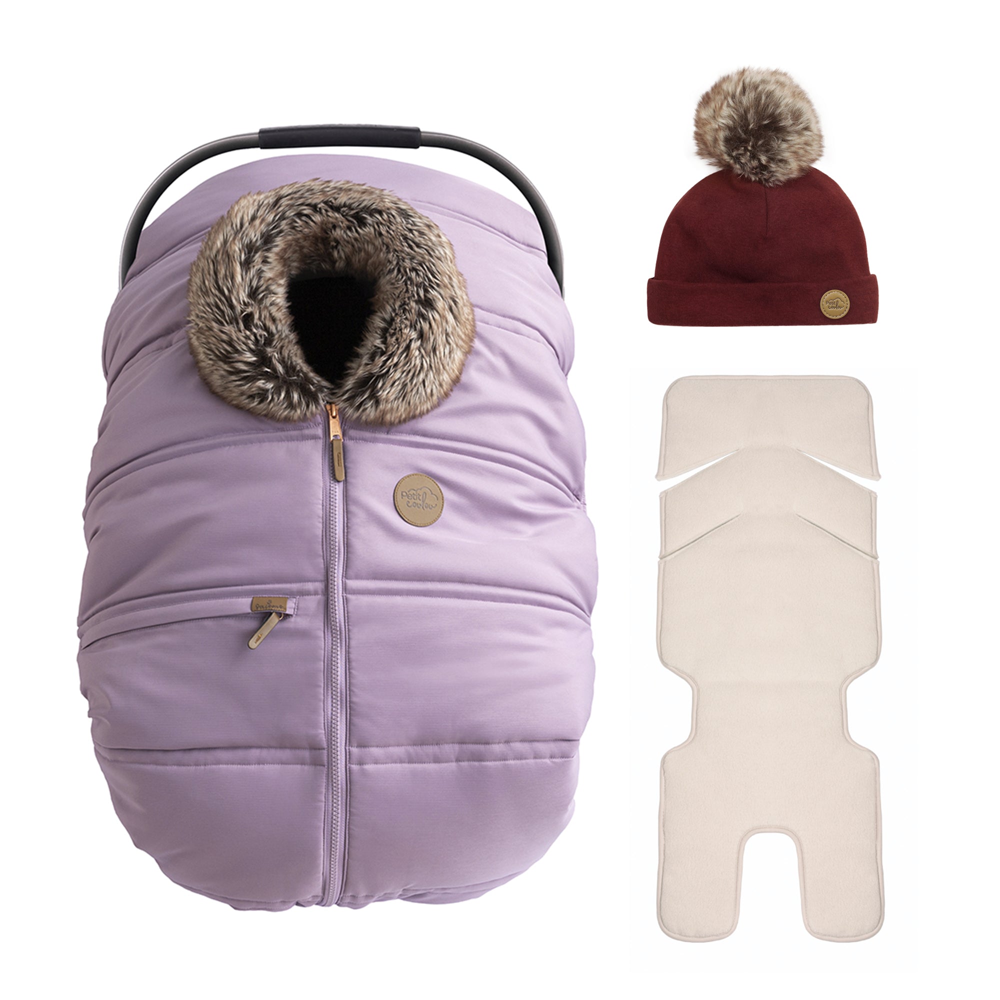 Ensemble avec housse lilas 3 saisons, tuque rubis avec pompom pour bébé et fond isolant pour coquille de bébé