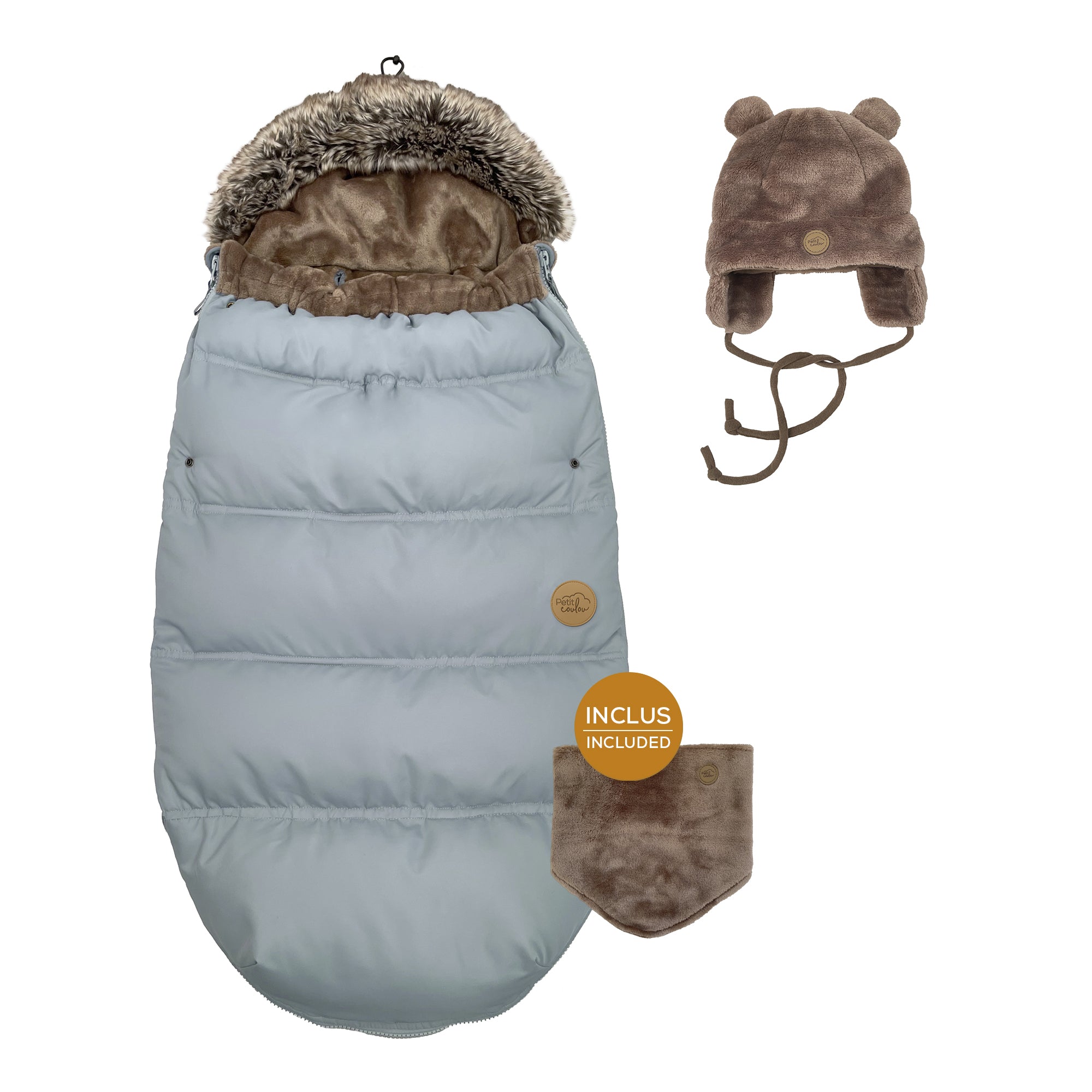 Ensemble avec housse chancelière cobalt pour poussette, landau et traîneau et tuques ourson pour bébé