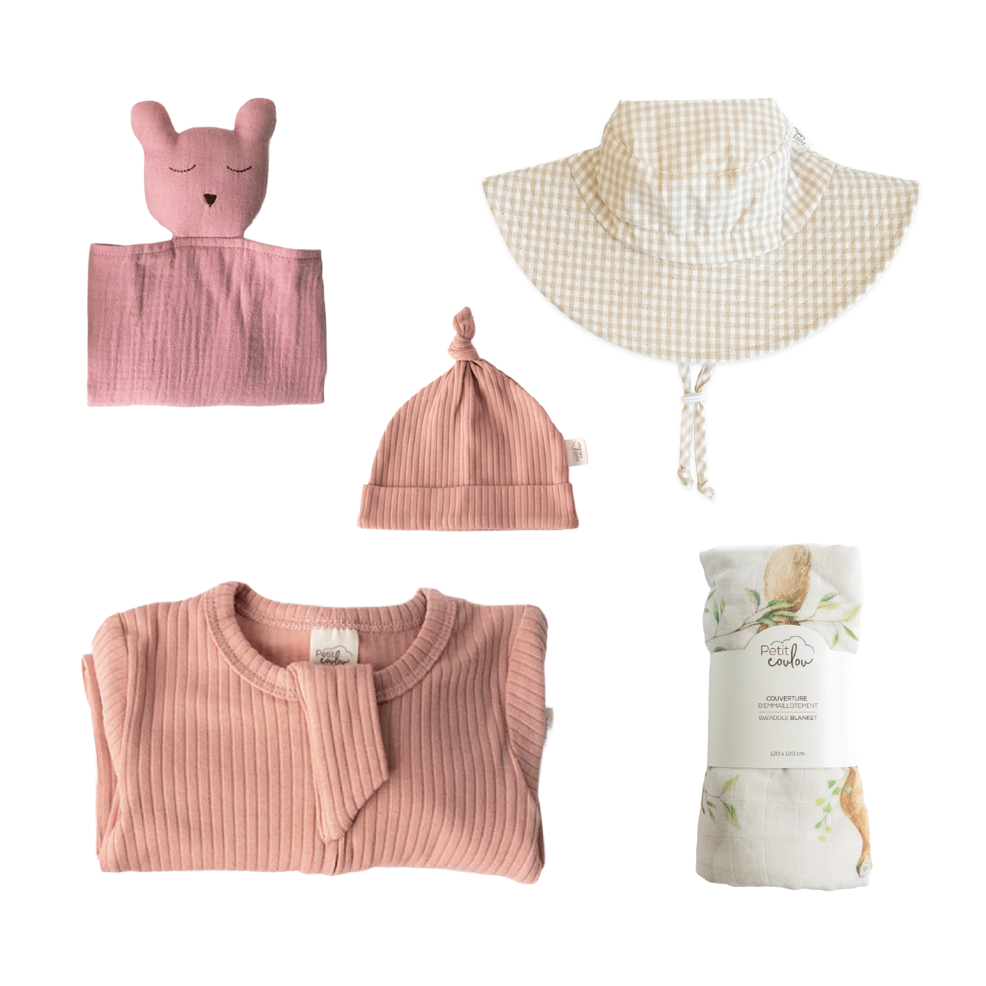 Combo : Coffret nouveau-né avec mousseline et chapeau soleil
