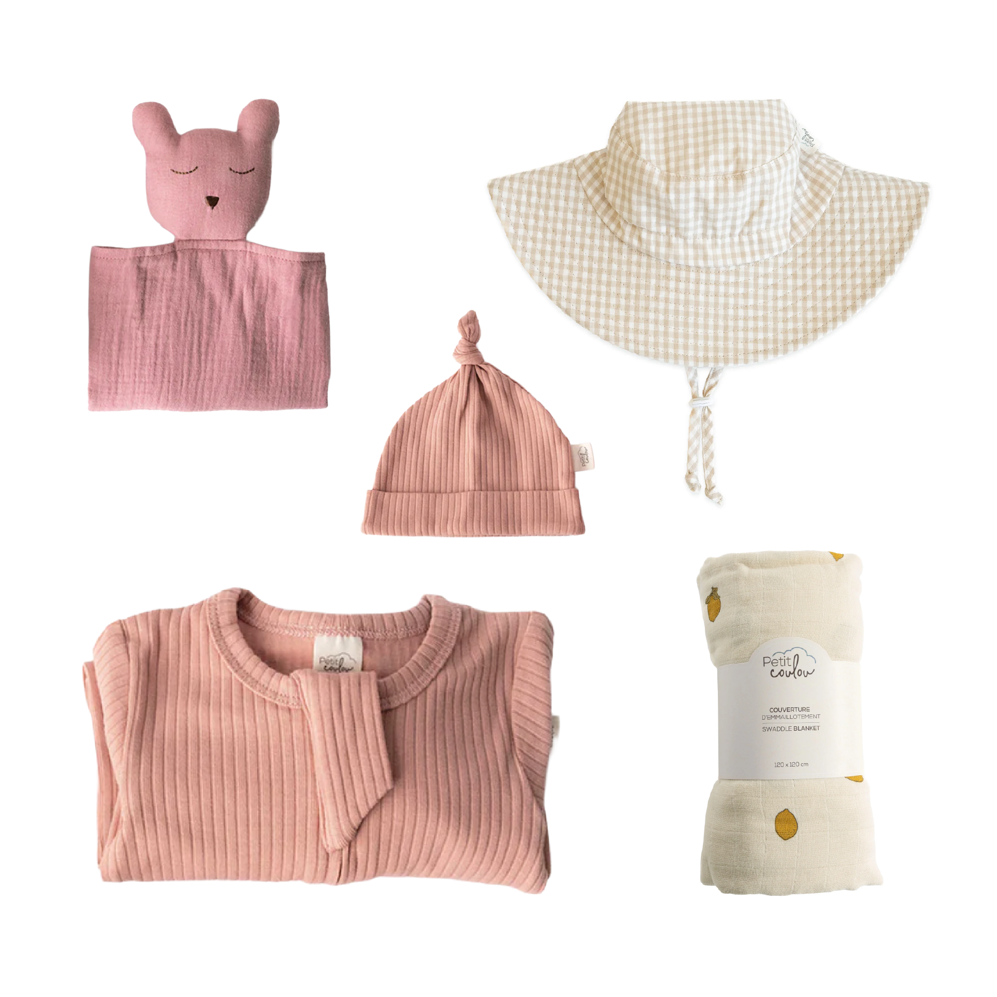 Combo : Coffret nouveau-né avec mousseline et chapeau soleil