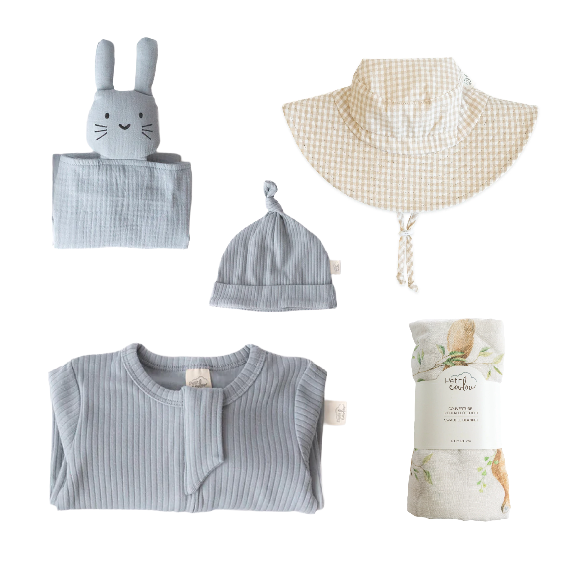 Combo : Coffret nouveau-né avec mousseline et chapeau soleil