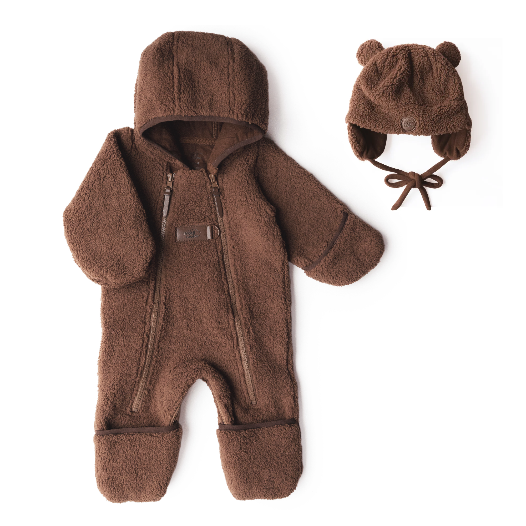 Bundle: Brown Sherpa Lined Jumpsuit and Teddy Bear Hat
