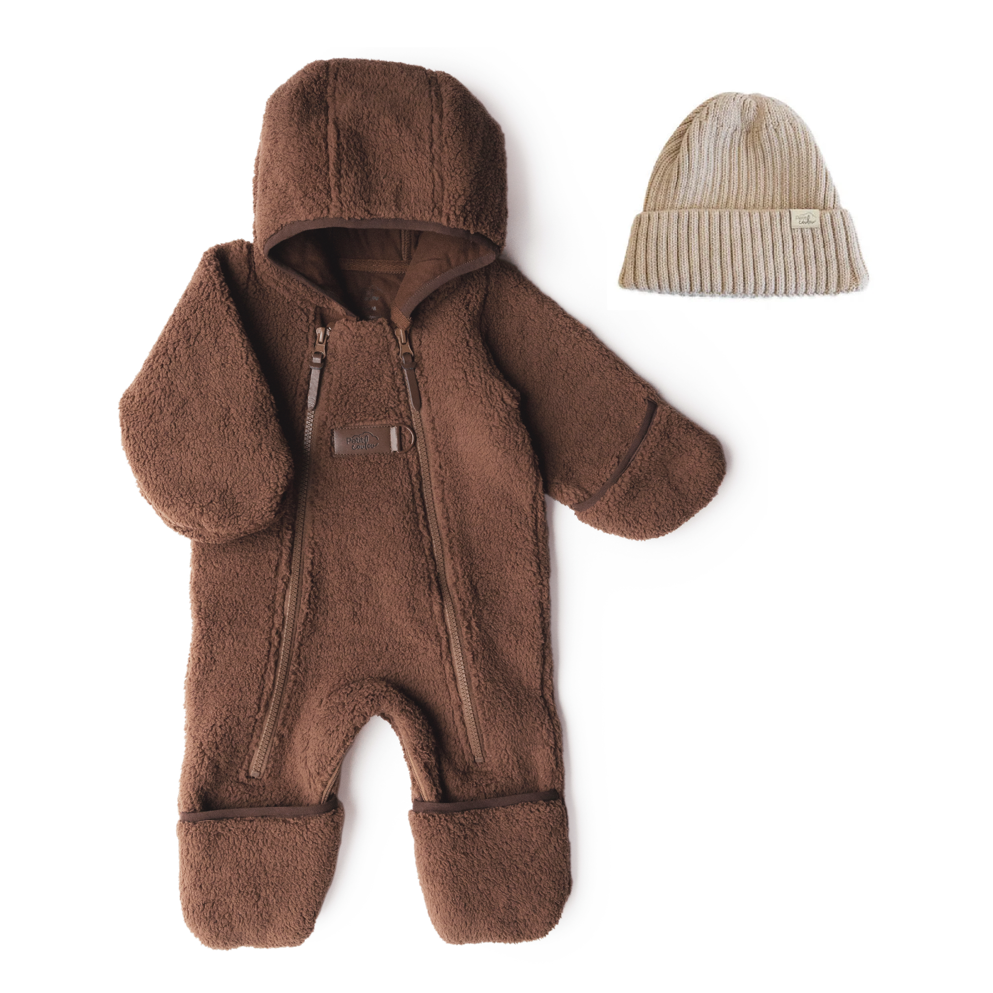 Bundle: Lined Brown Sherpa Jumpsuit with Knit Beanie