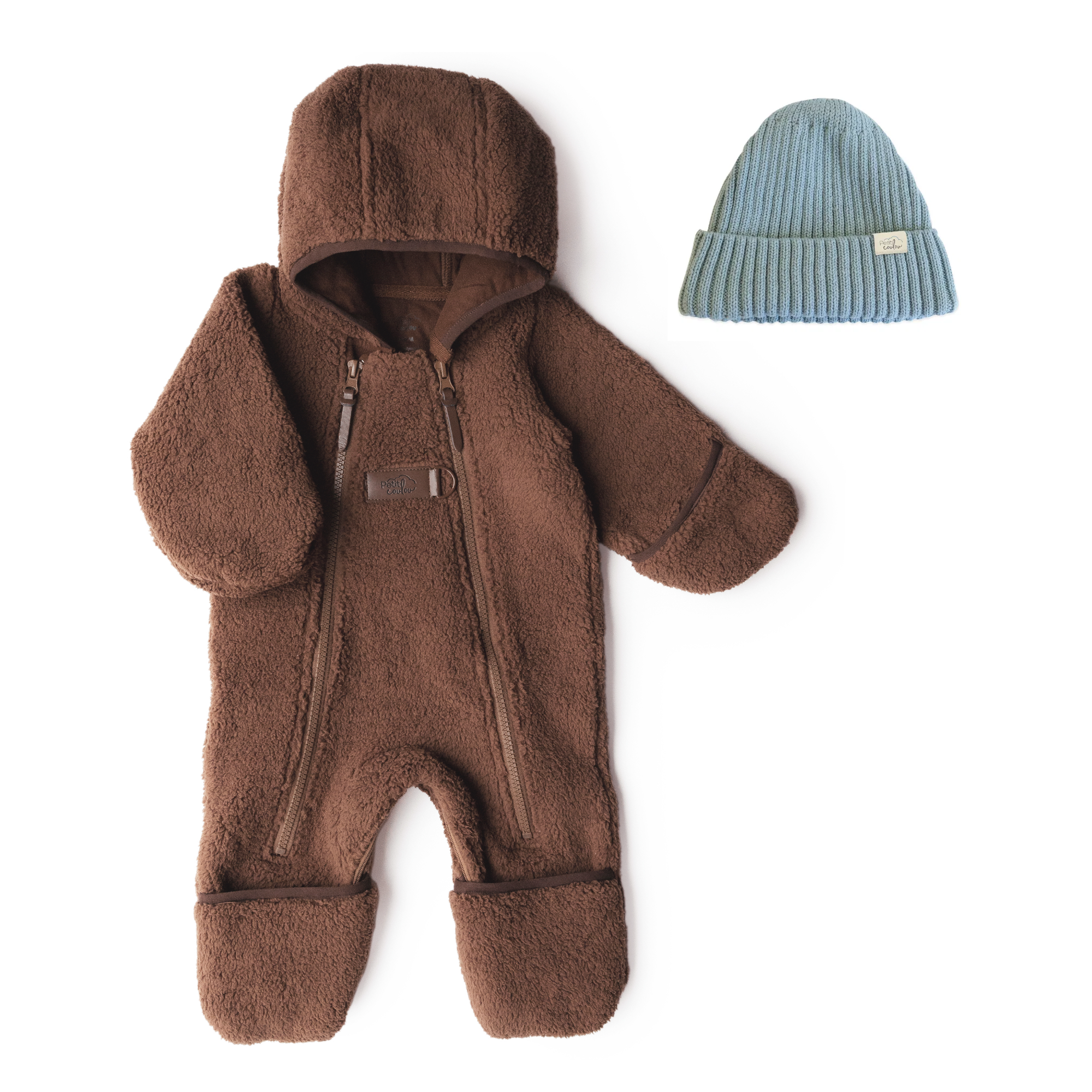 Bundle: Lined Brown Sherpa Jumpsuit with Knit Beanie