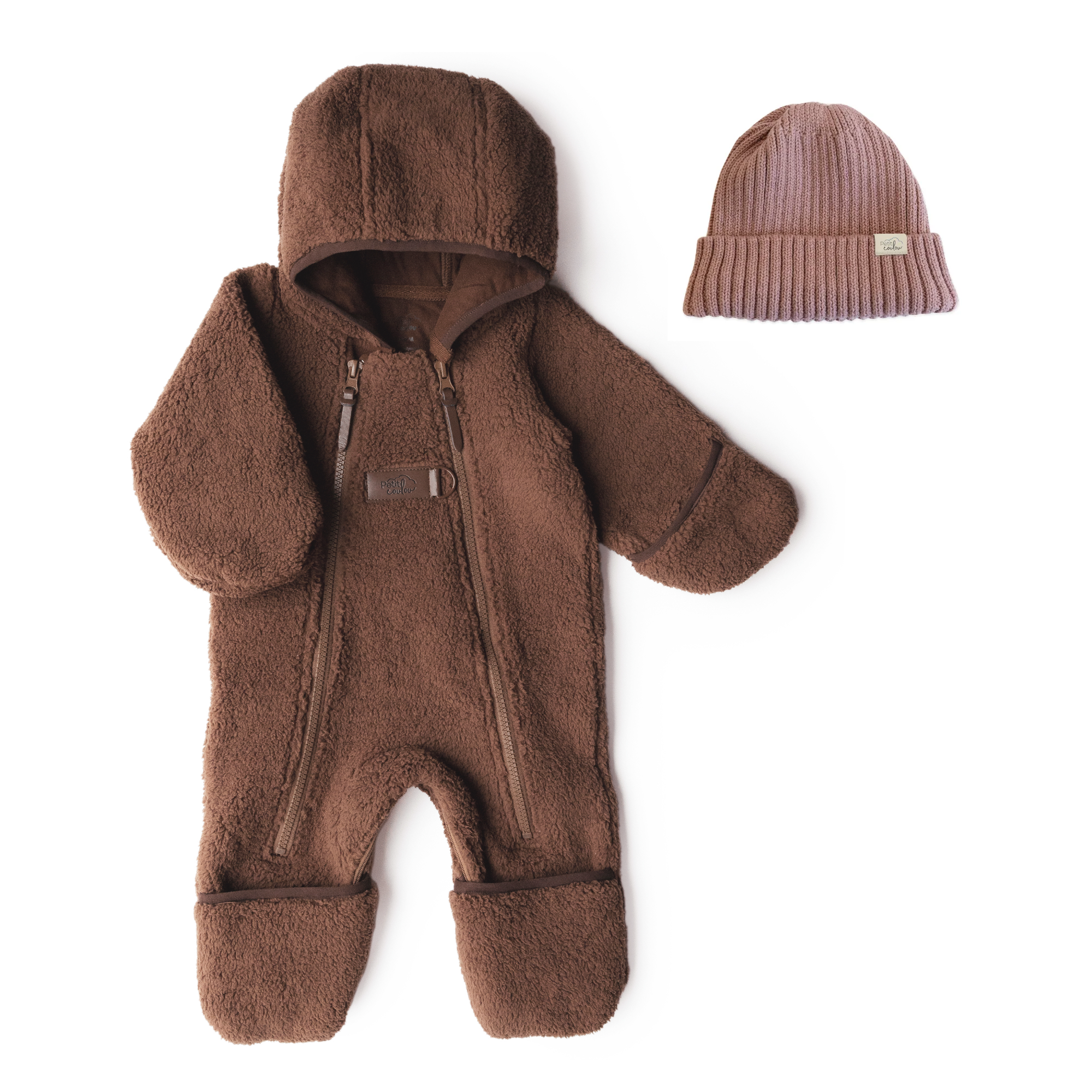 Bundle: Lined Brown Sherpa Jumpsuit with Knit Beanie