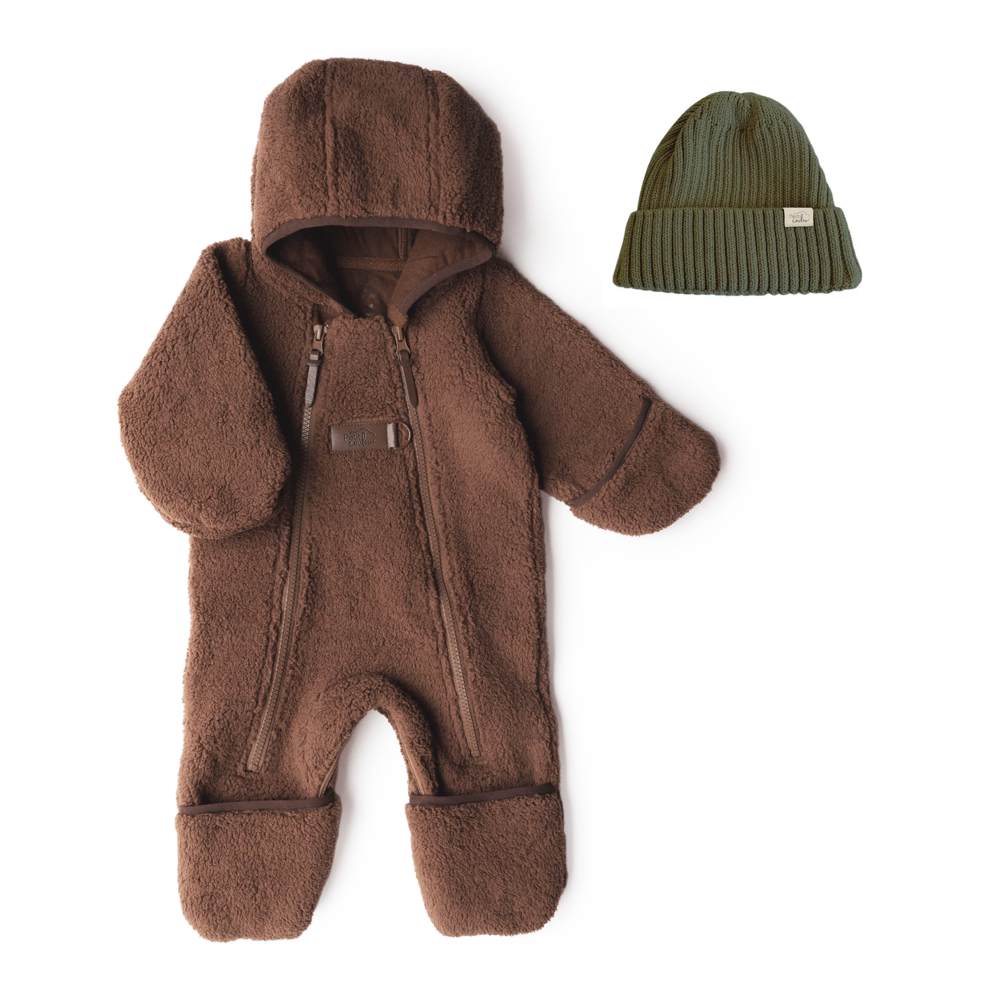 Bundle: Lined Brown Sherpa Jumpsuit with Knit Beanie