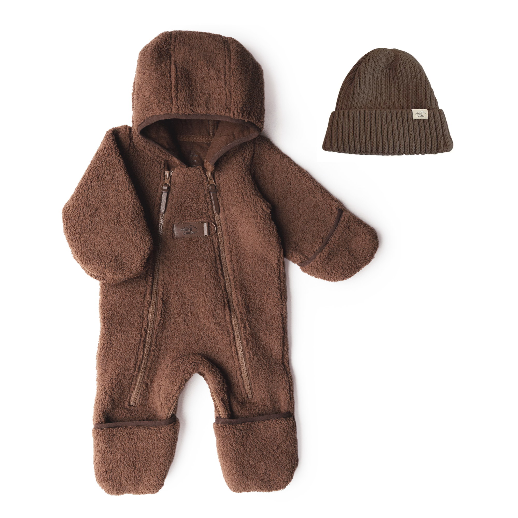 Bundle: Lined Brown Sherpa Jumpsuit with Knit Beanie