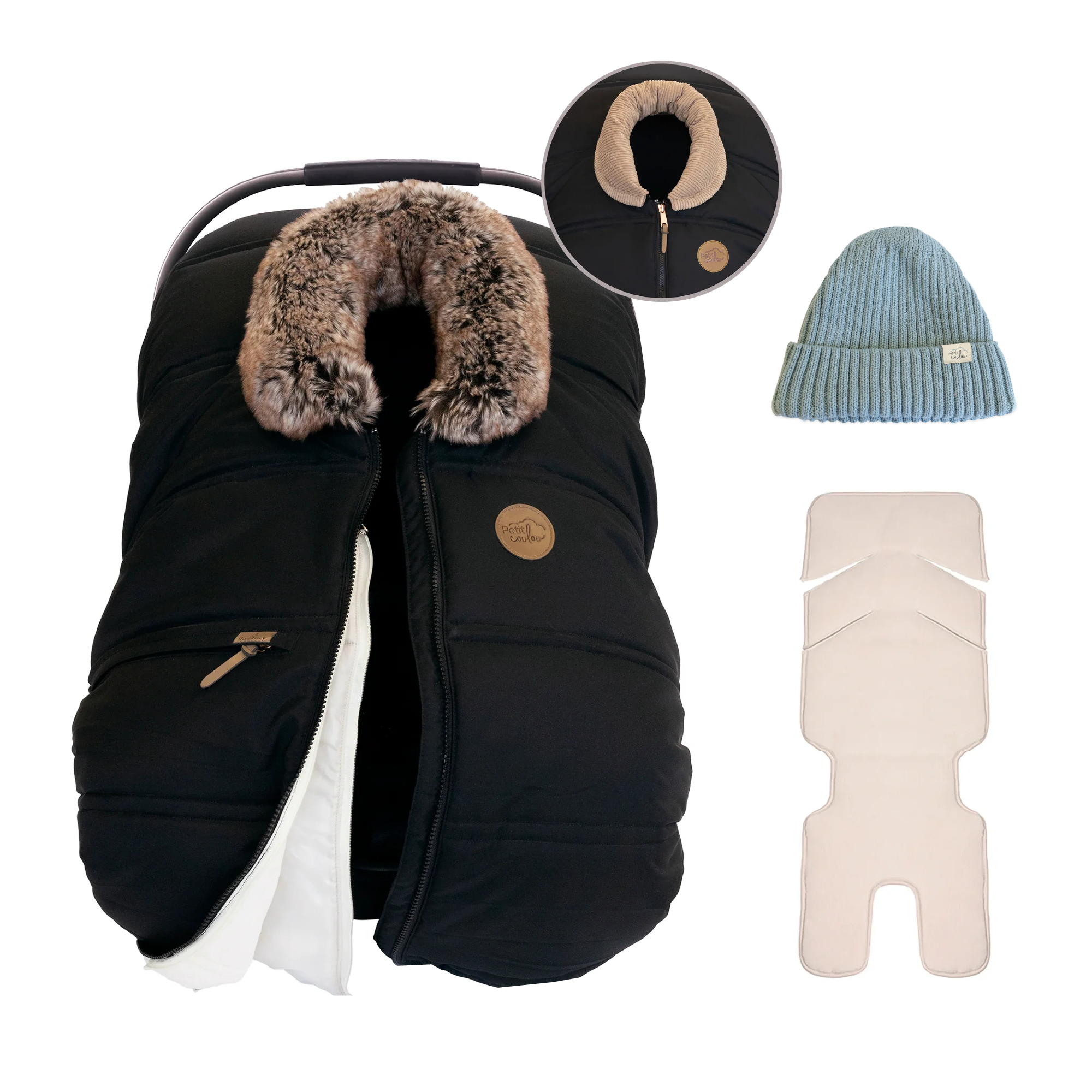 Bundle: 3-Season cover with interchangeable collars, knit beanie and insulated backing