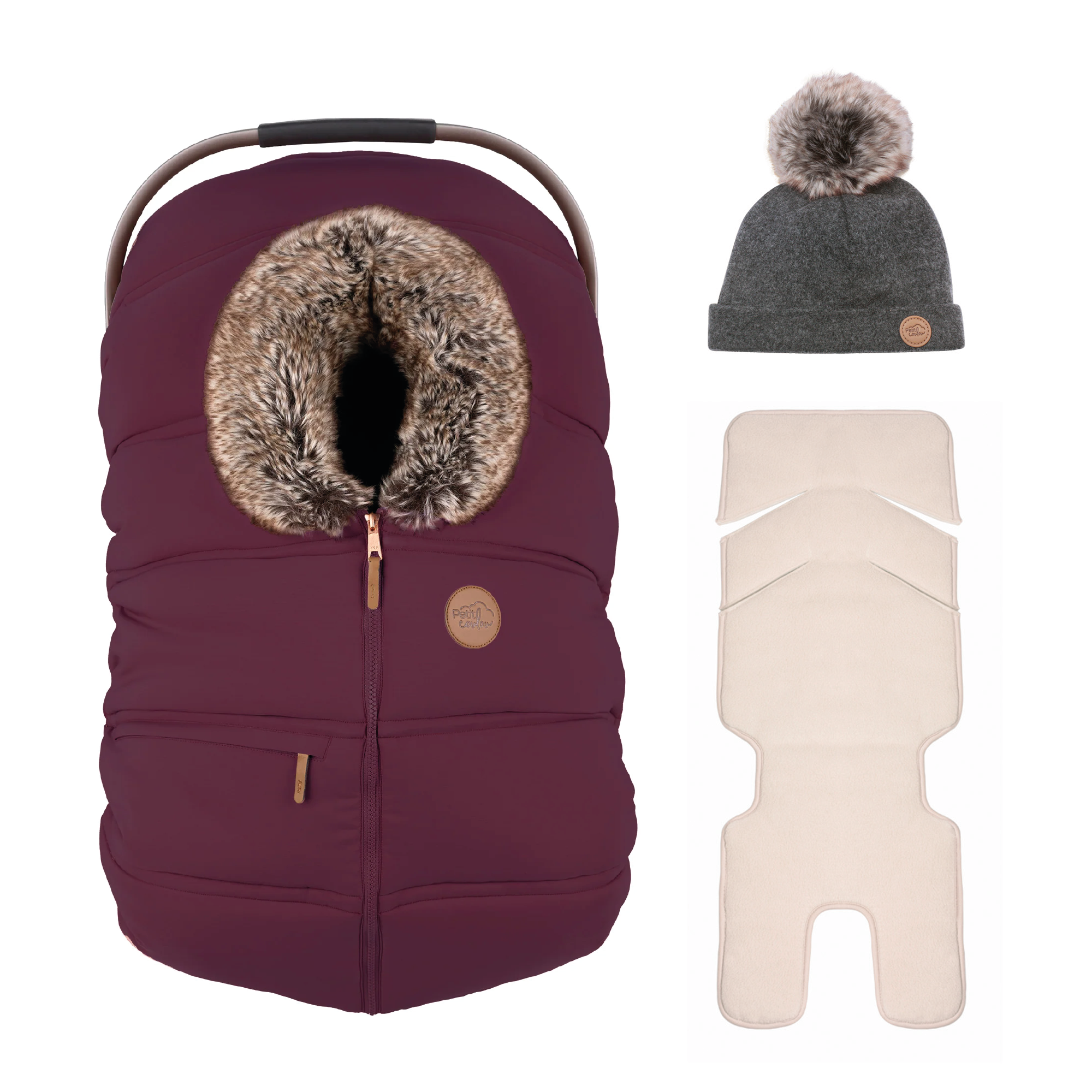 Bundle: Classic winter car seat cover with a 0-6m pompom beanie and insulated backing