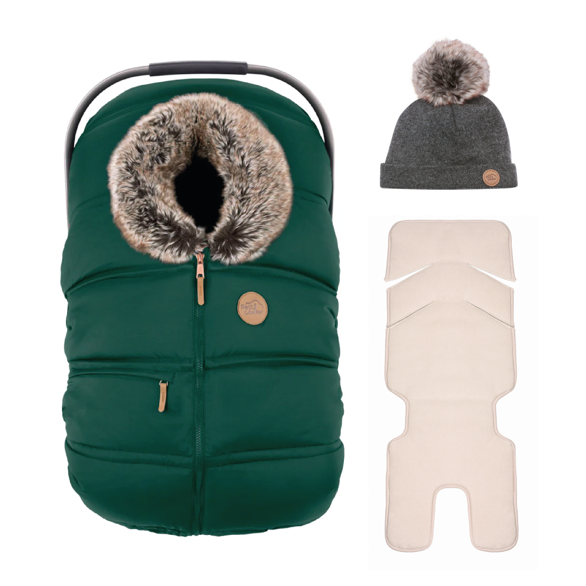 Bundle: Classic winter car seat cover with a 0-6m pompom beanie and insulated backing