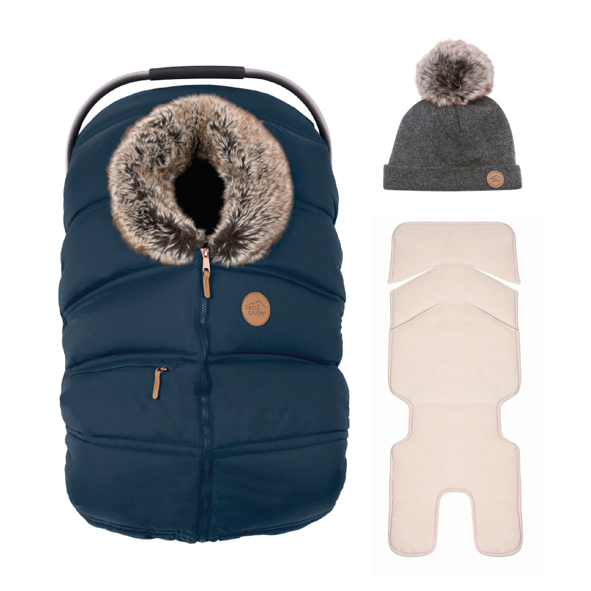 Bundle: Classic winter car seat cover with a pompom beanie and insulated backing
