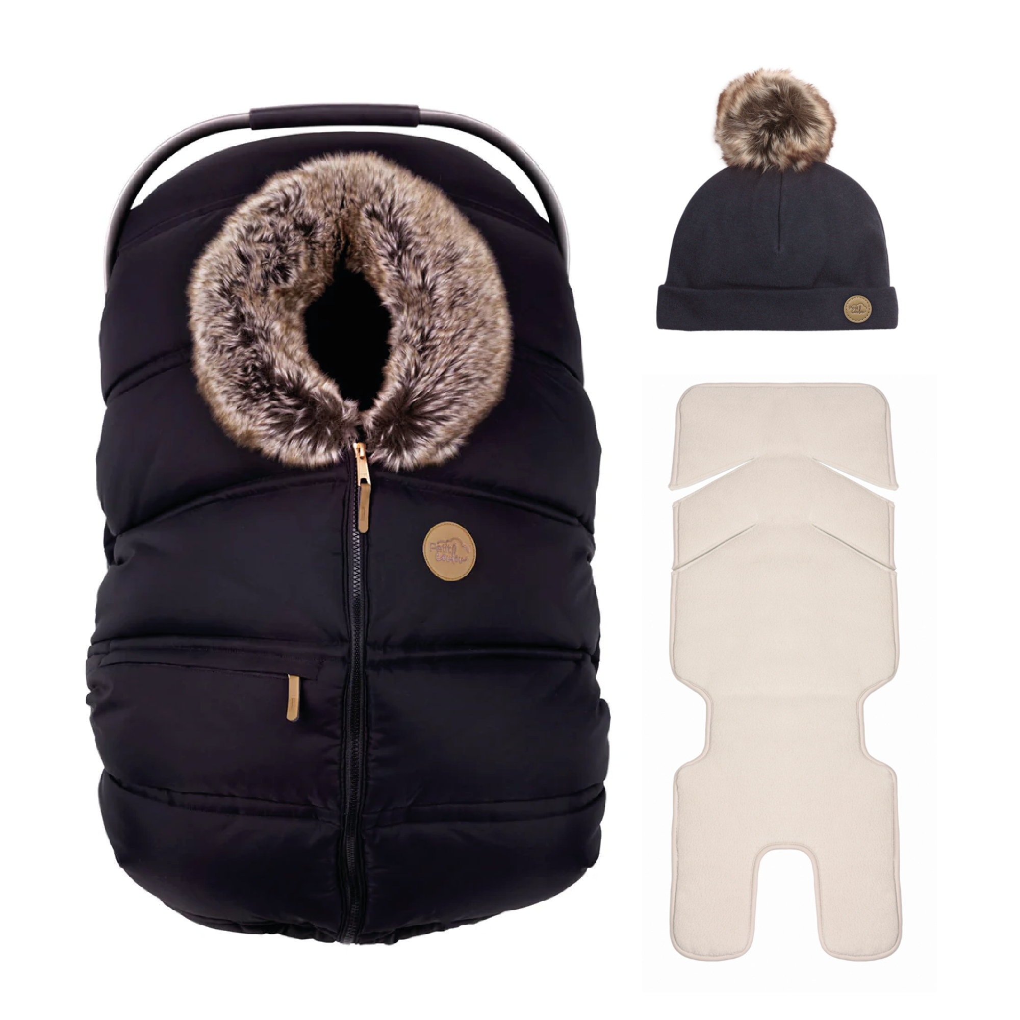 Bundle: Classic winter car seat cover with a 0-6m pompom beanie and insulated backing