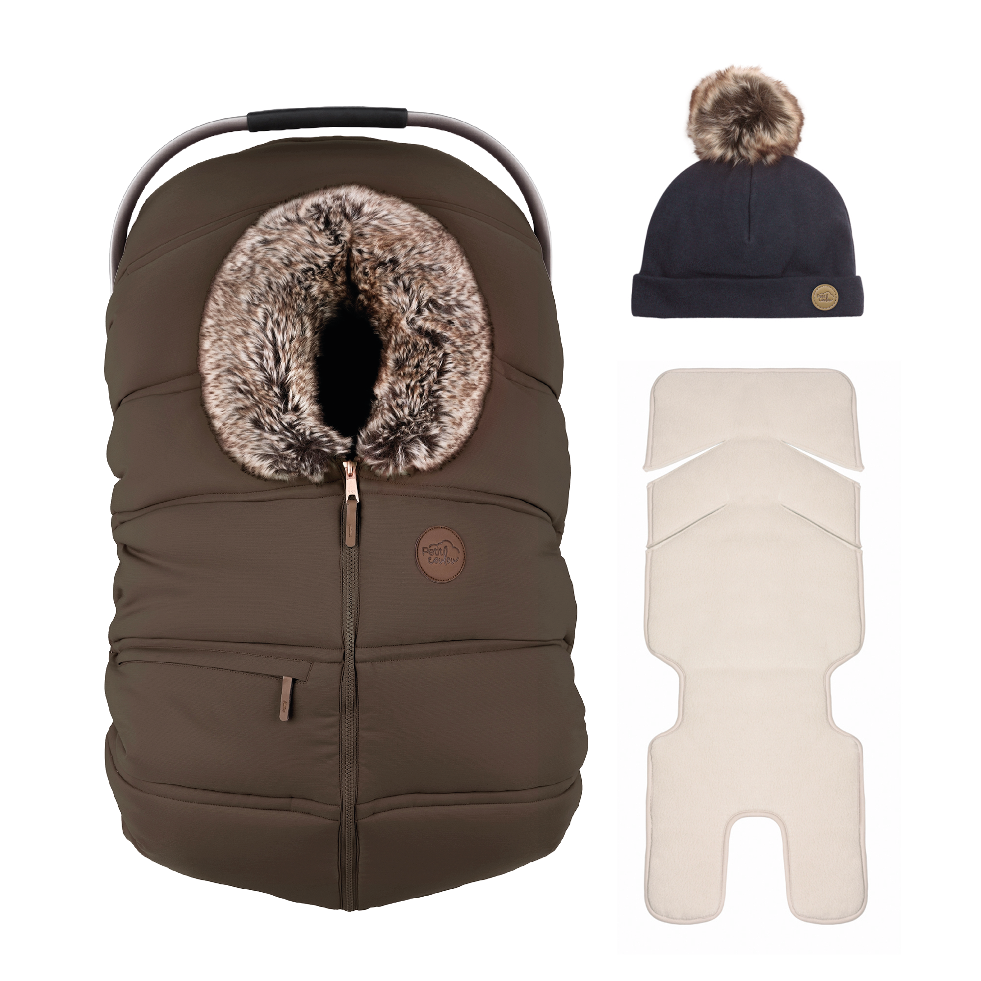 Bundle: Classic winter car seat cover with a 0-6m pompom beanie and insulated backing