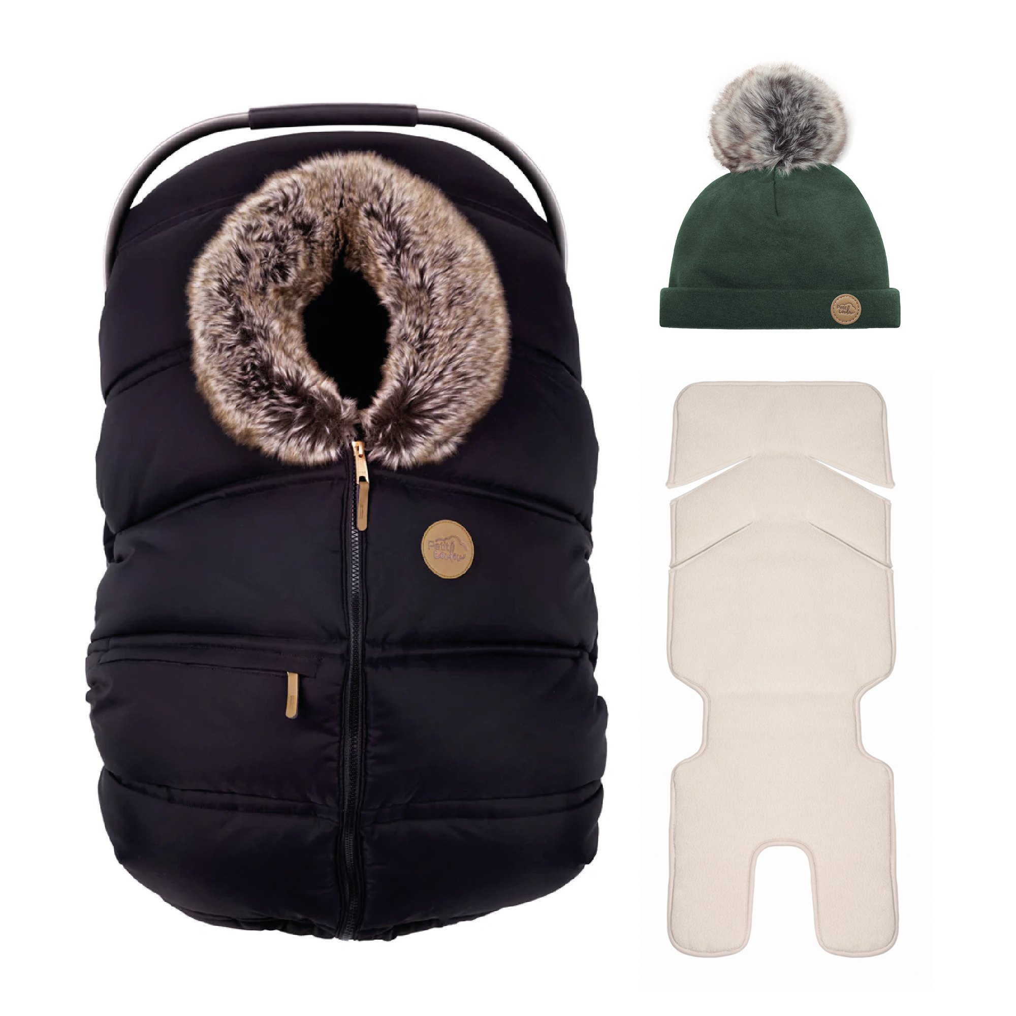 Bundle: Classic winter car seat cover with a pompom beanie and insulated backing