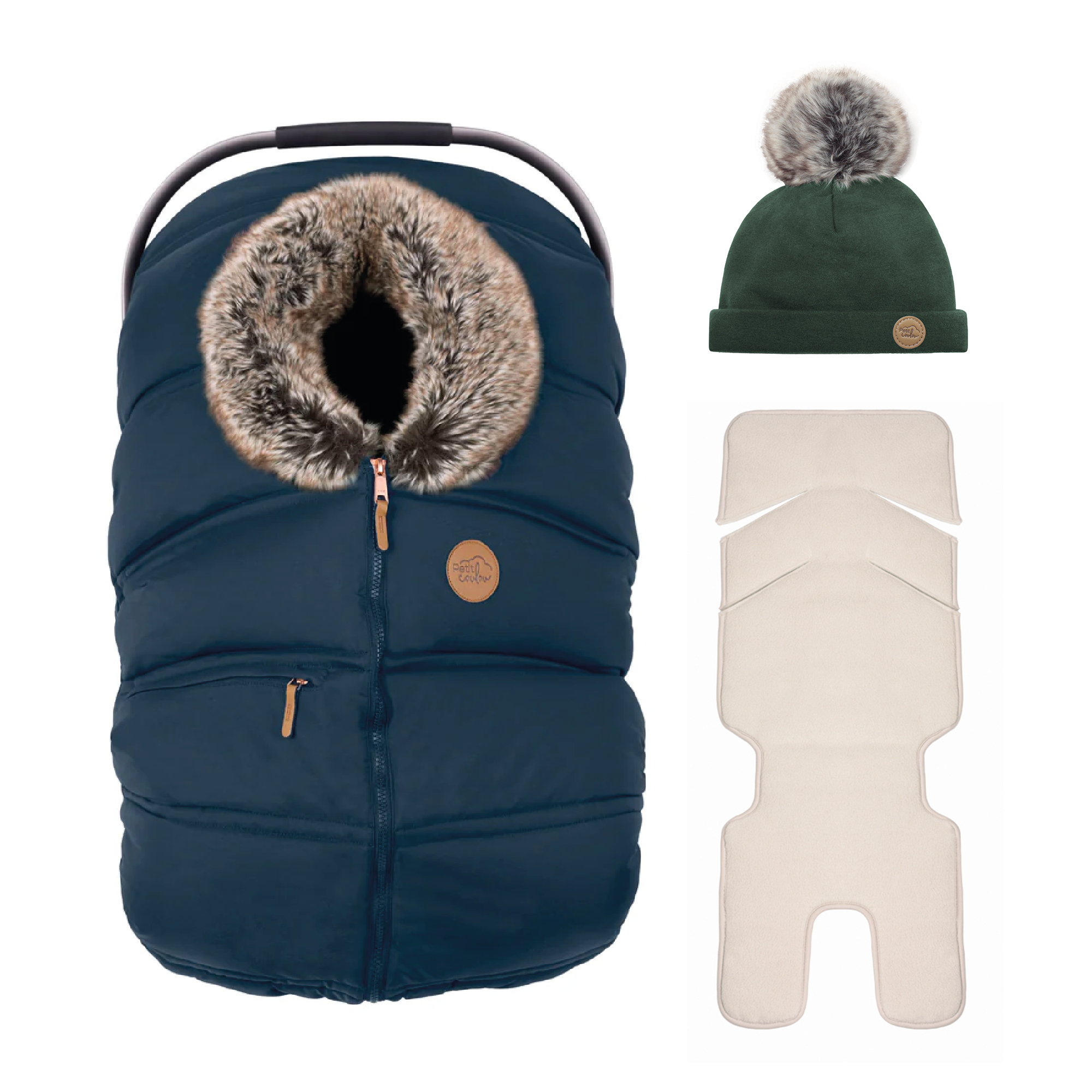 Bundle: Classic winter car seat cover with a pompom beanie and insulated backing