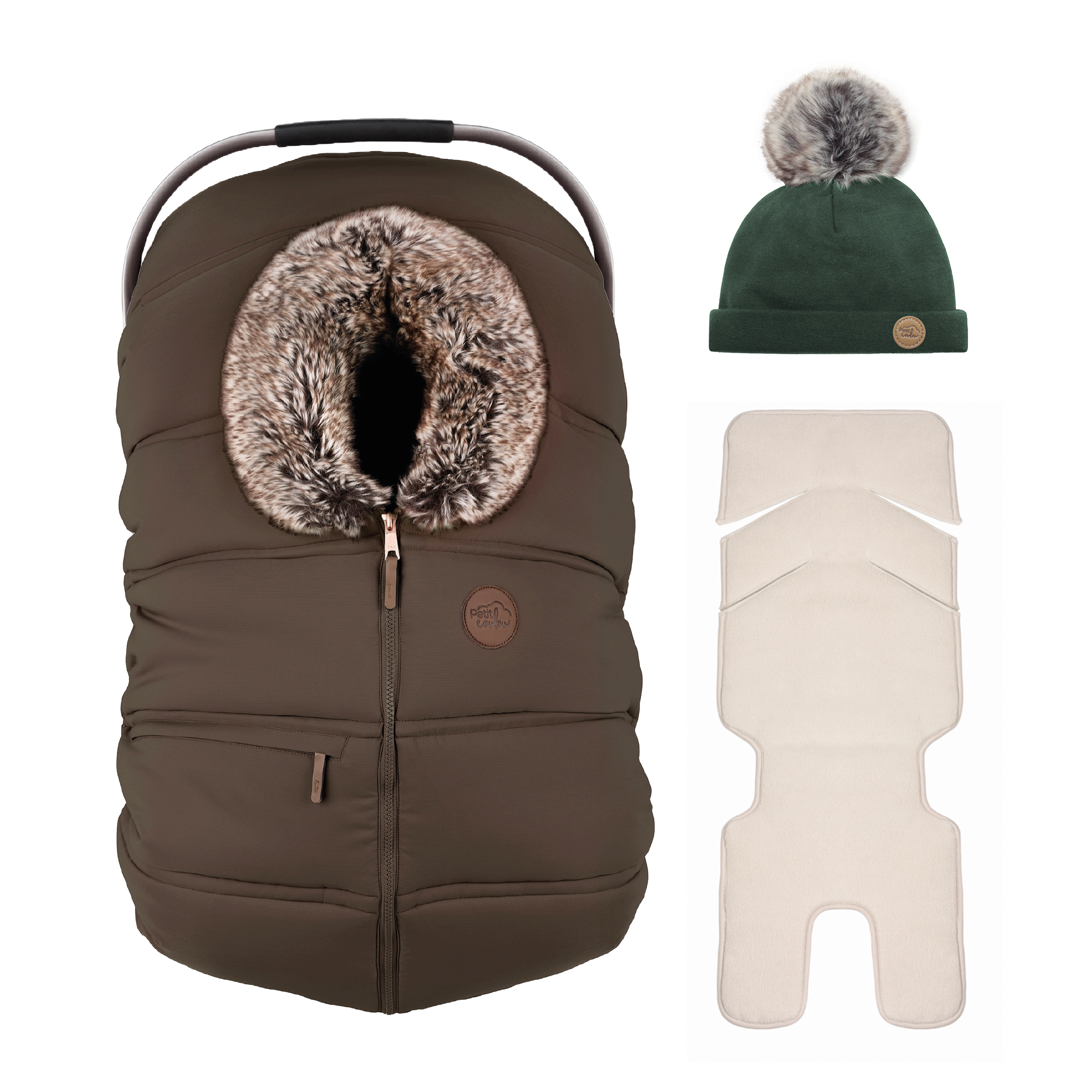 Bundle: Classic winter car seat cover with a pompom beanie and insulated backing