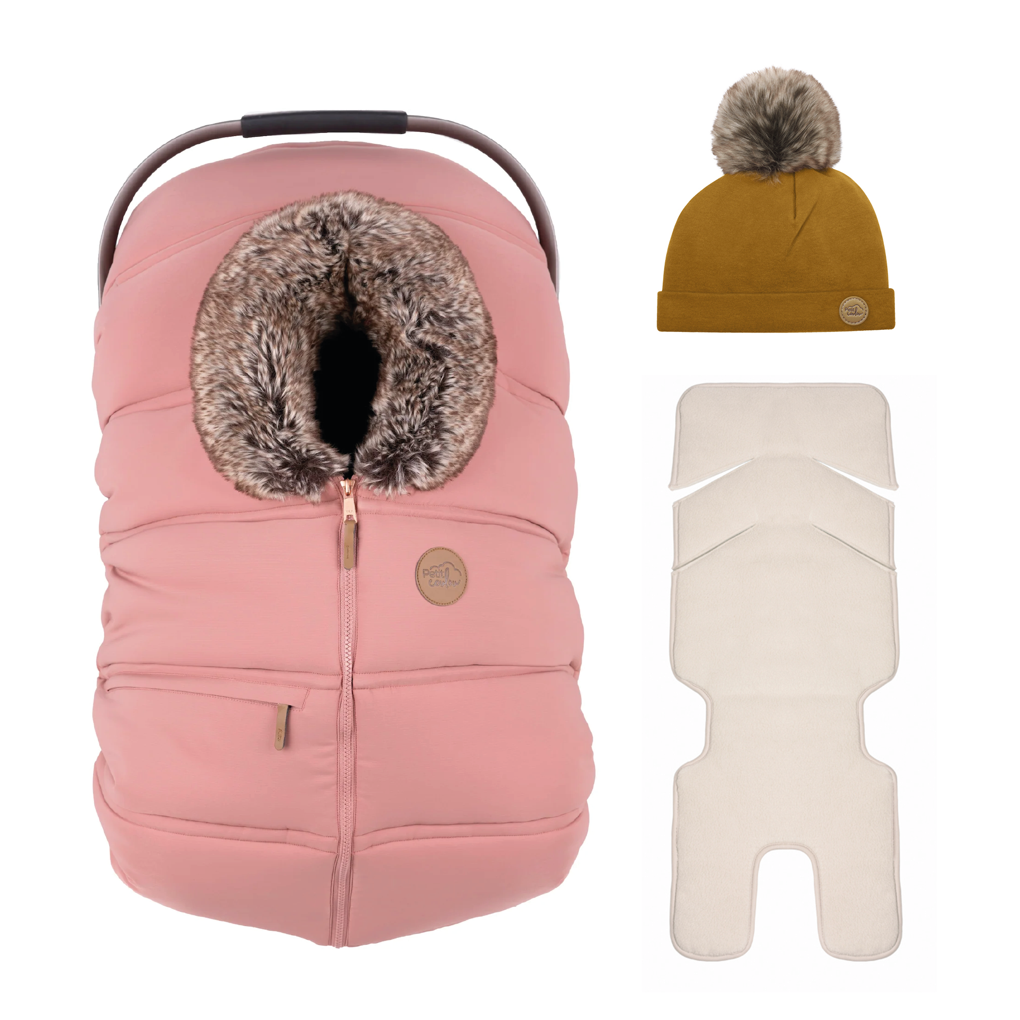 Bundle: Classic winter car seat cover with a 0-6m pompom beanie and insulated backing