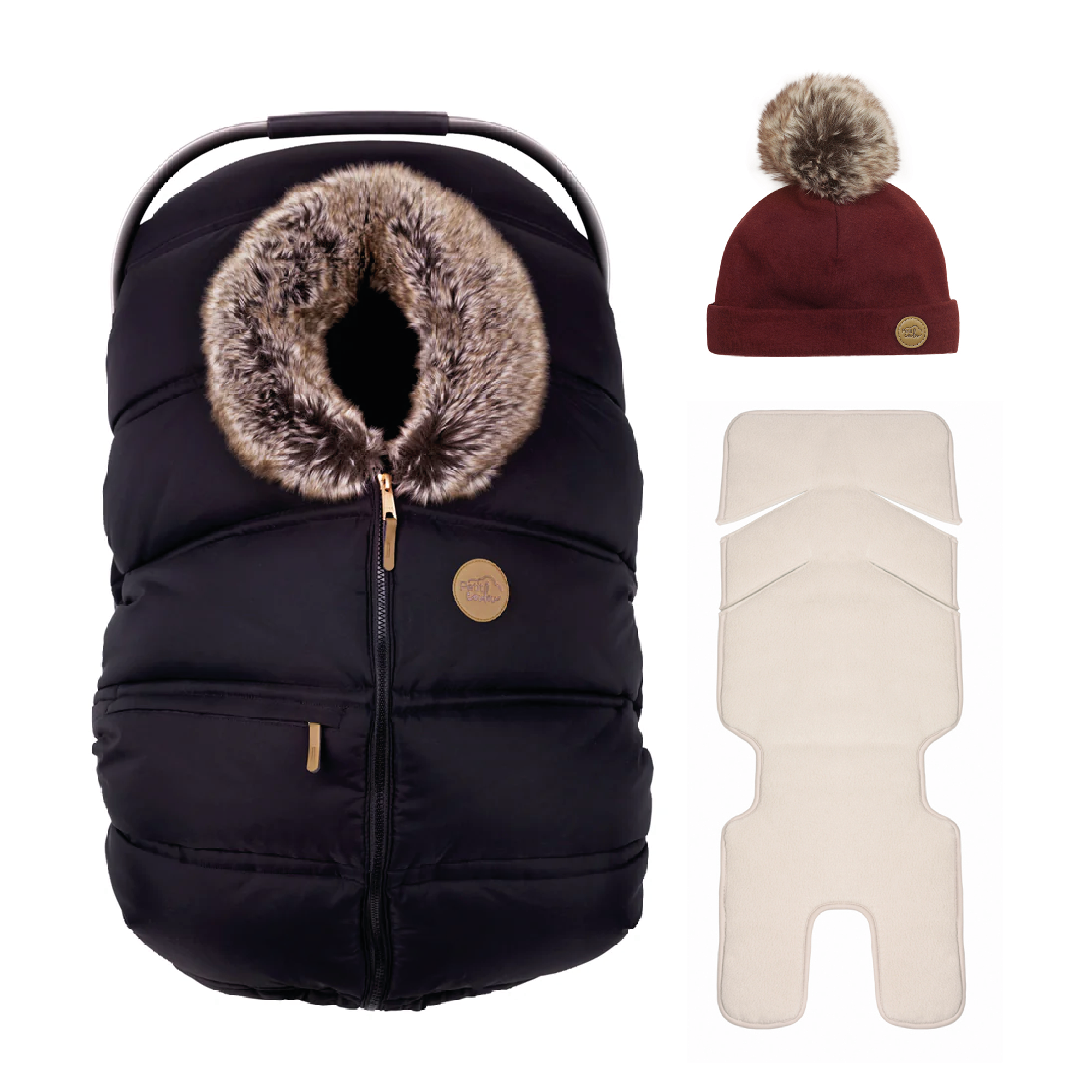 Bundle: Classic winter car seat cover with a 0-6m pompom beanie and insulated backing