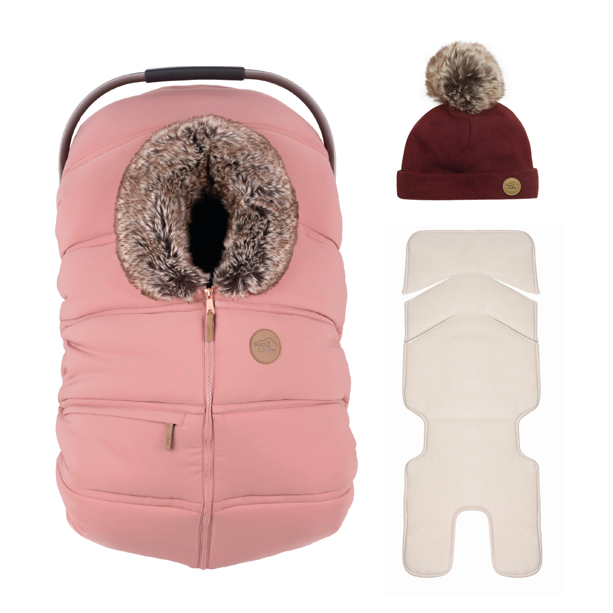 Bundle: Classic winter car seat cover with a 0-6m pompom beanie and insulated backing