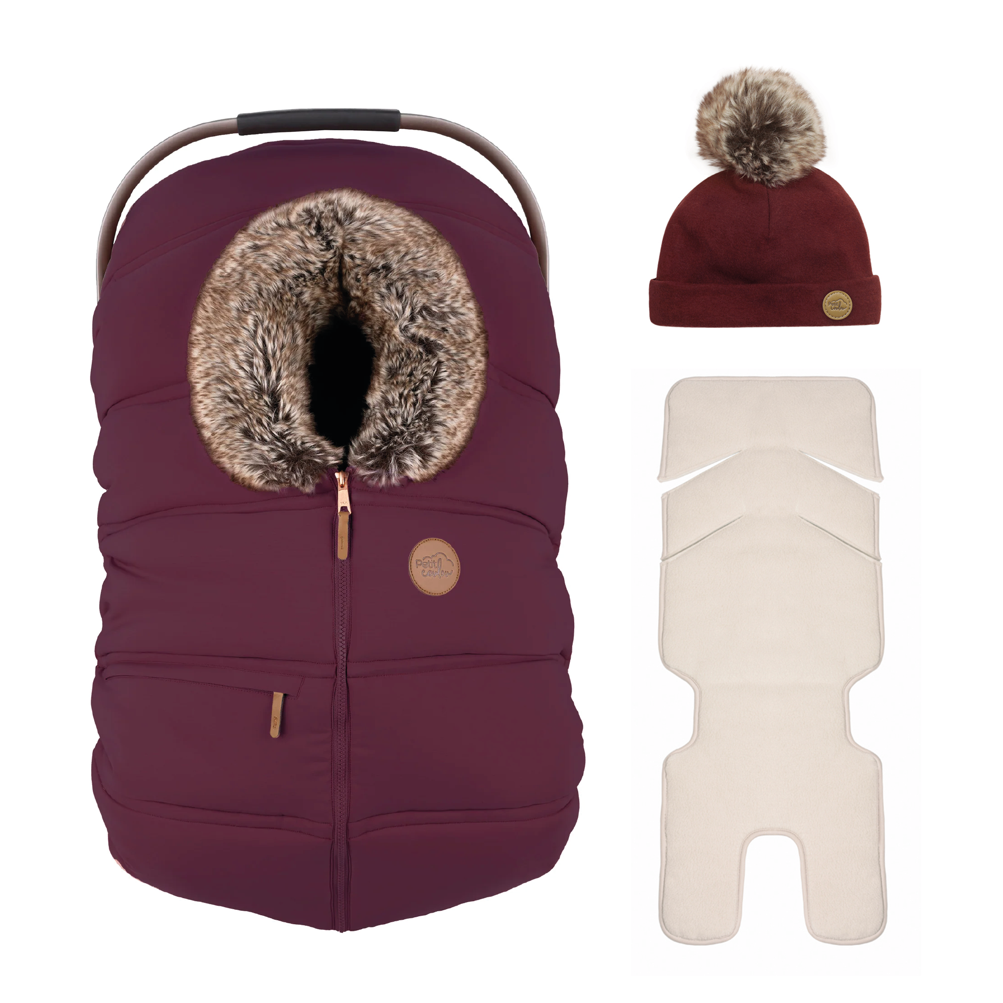 Bundle: Classic winter car seat cover with a 0-6m pompom beanie and insulated backing