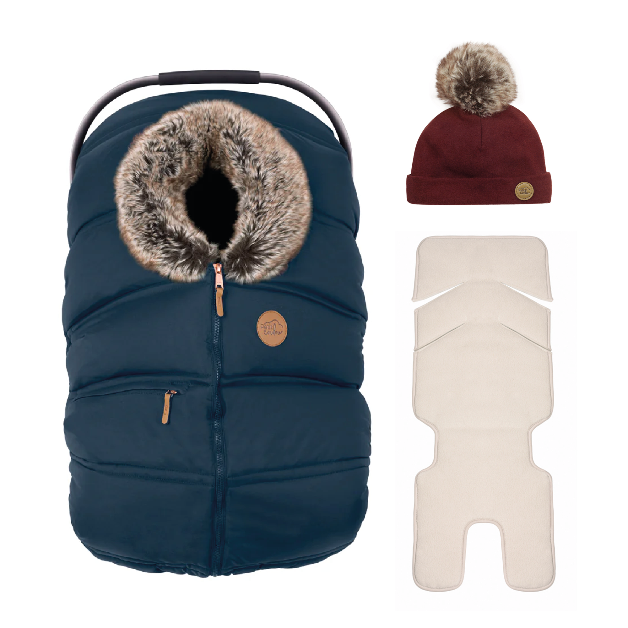 Bundle: Classic winter car seat cover with a 0-6m pompom beanie and insulated backing
