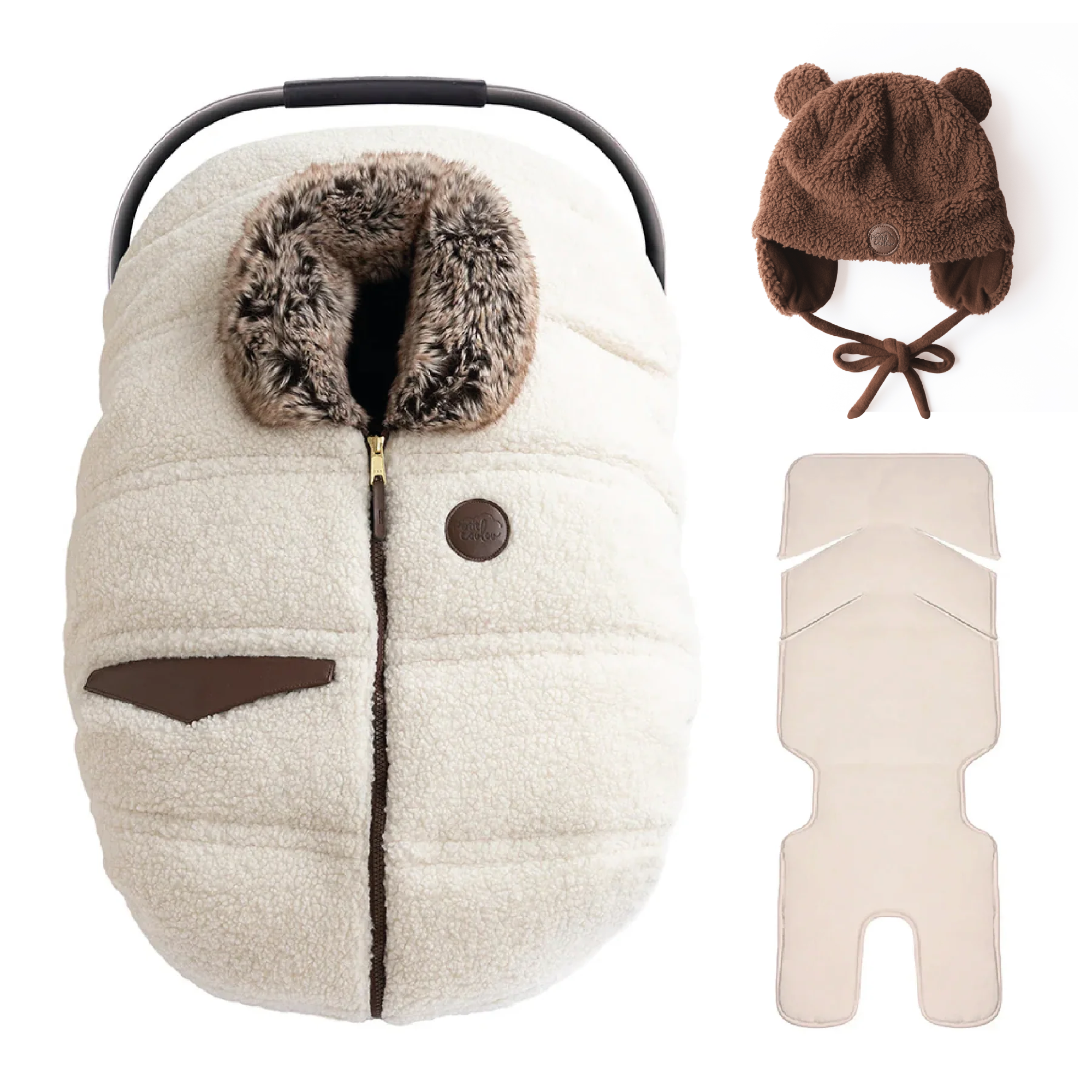 Bundle: Sherpa winter car seat cover with a teddy bear hat and insulating backing
