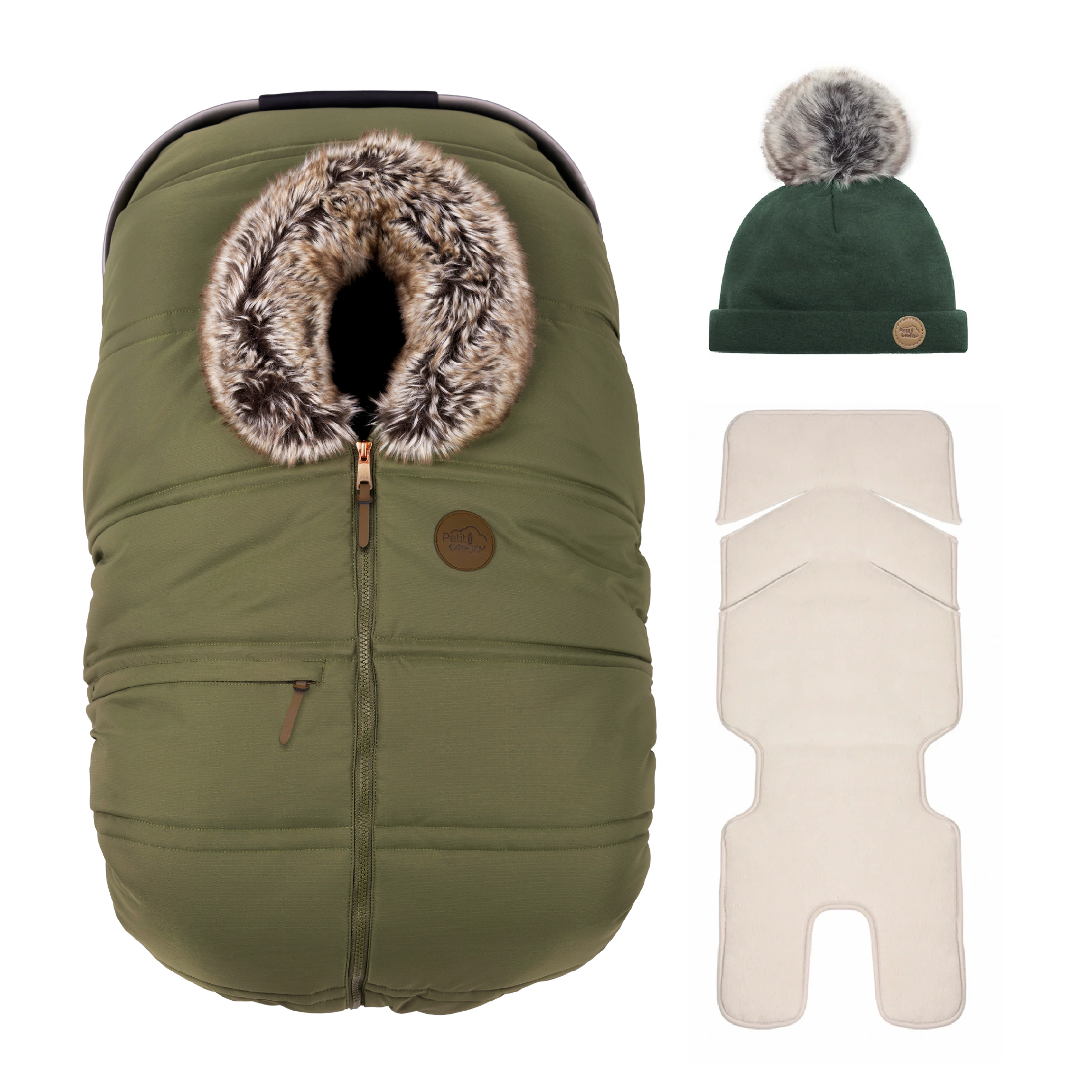 Bundle: Classic winter car seat cover with a pompom beanie and insulated backing