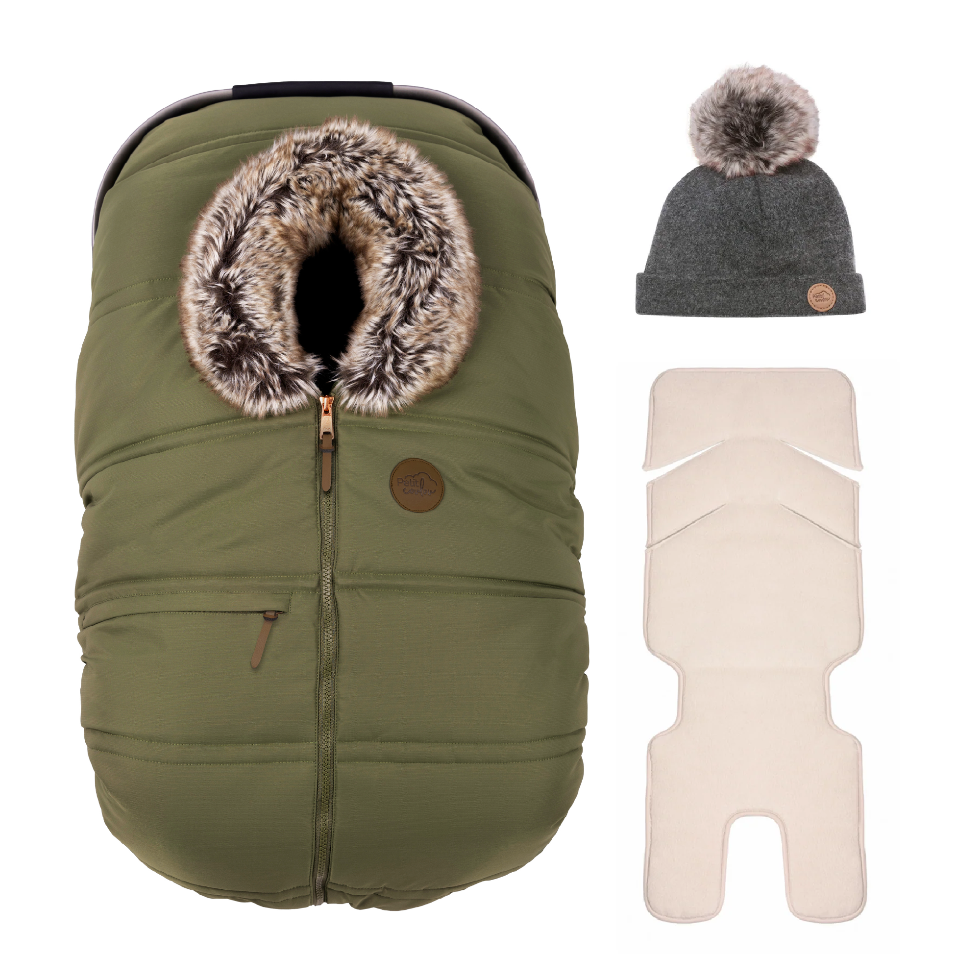 Bundle: Classic winter car seat cover with a pompom beanie and insulated backing