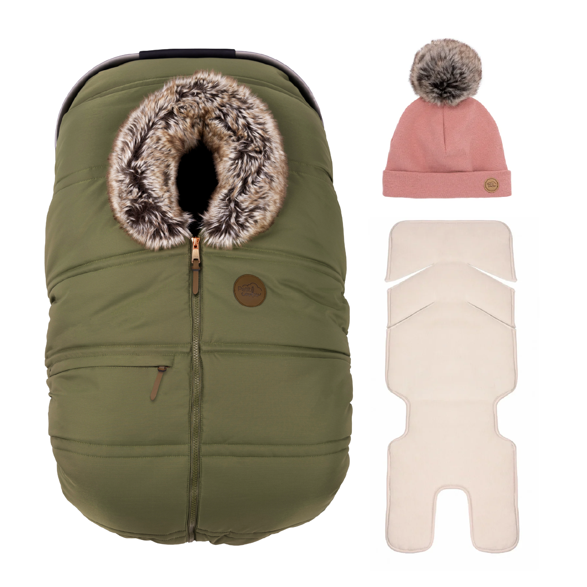 Bundle: Classic winter car seat cover with a pompom beanie and insulated backing