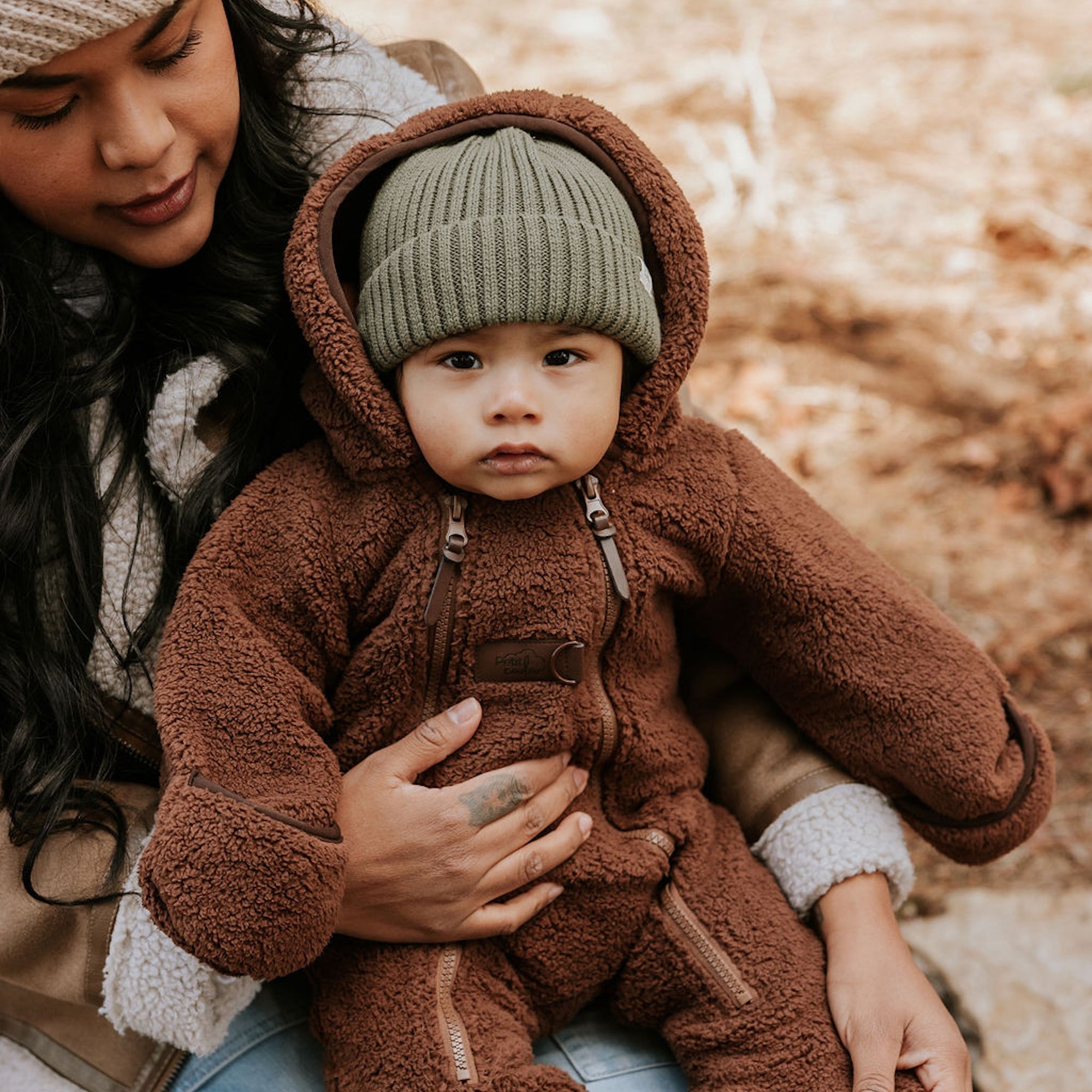 Bundle: Lined Brown Sherpa Jumpsuit with Knit Beanie