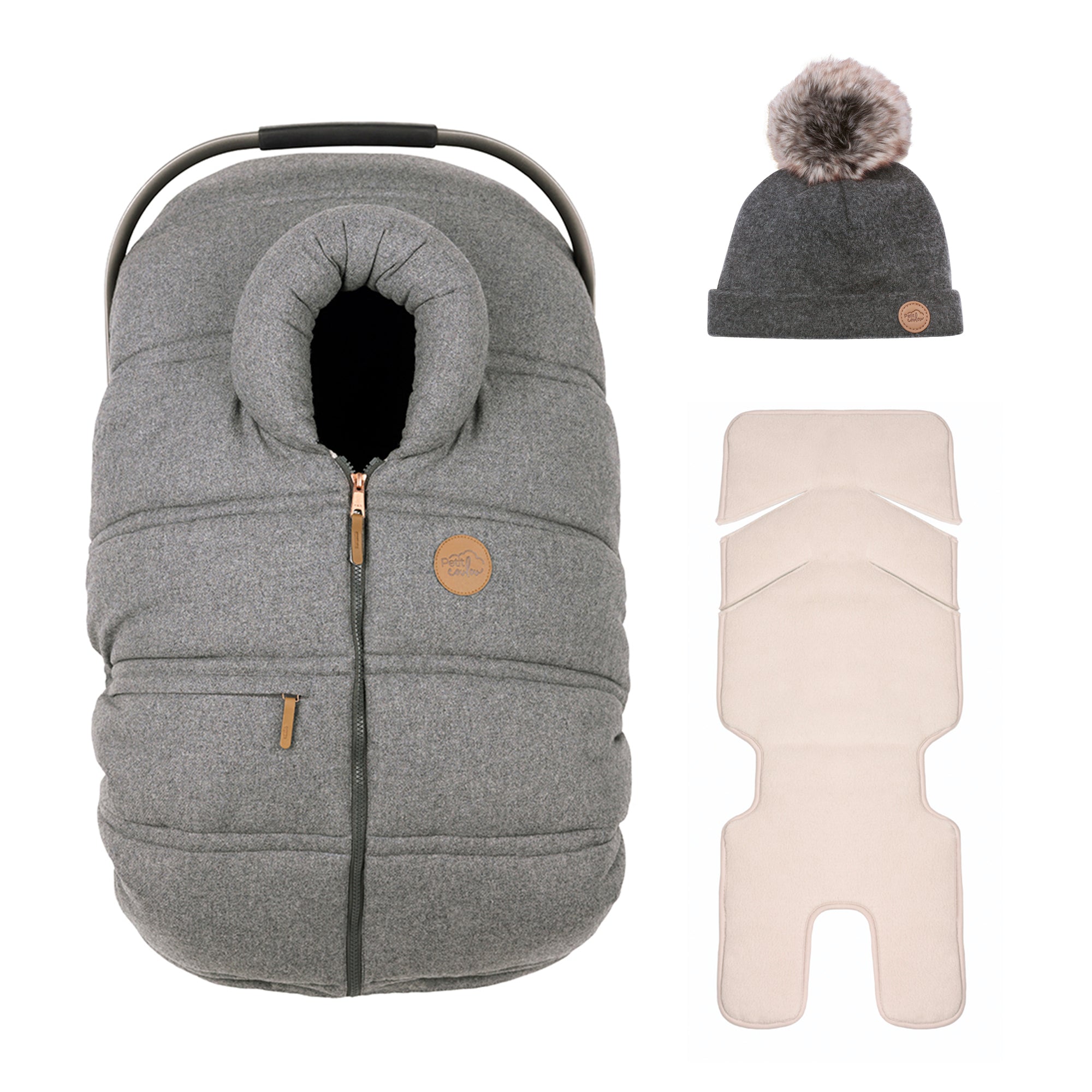 Ensemble avec housse ardoise en laine grise pour coquille de bébé avec tuque pompom et fond isolant pour banc d'auto