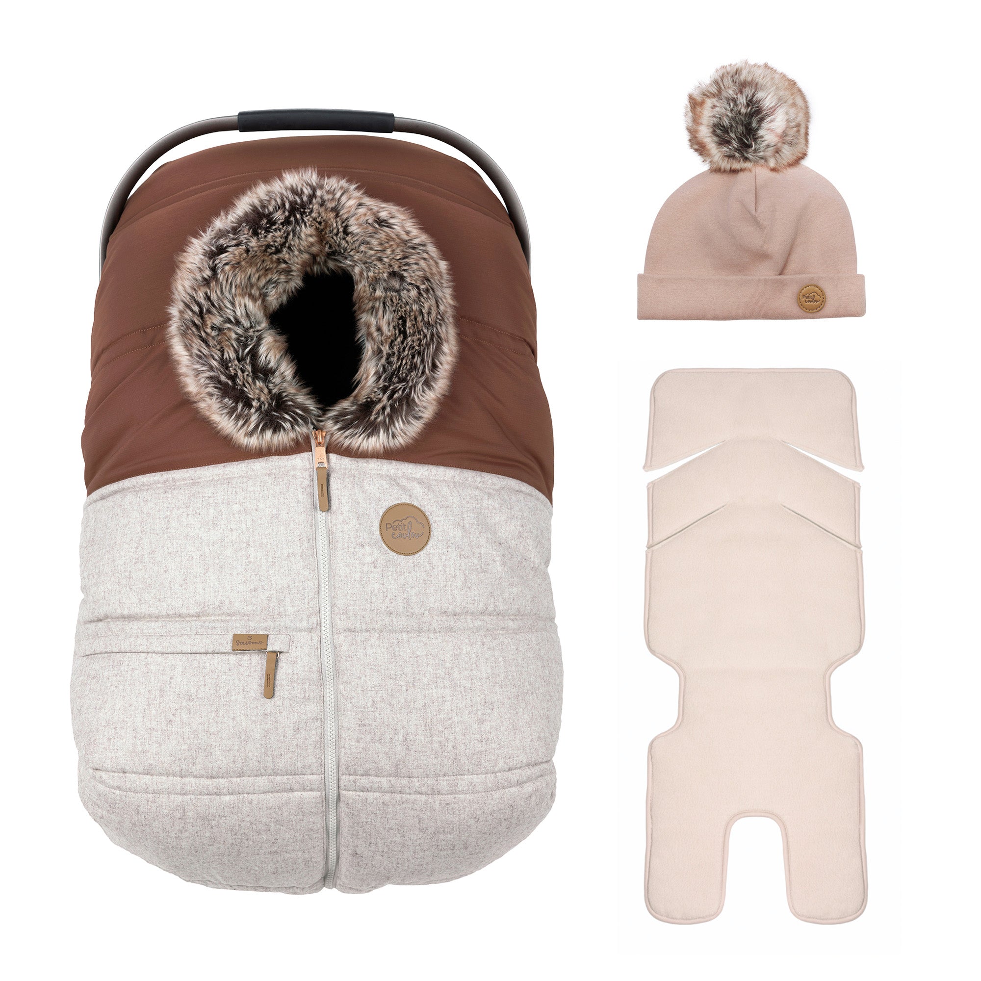 Ensemble housse 3 saisons avec tuque pompom et fond isolant pour coquille de bébé