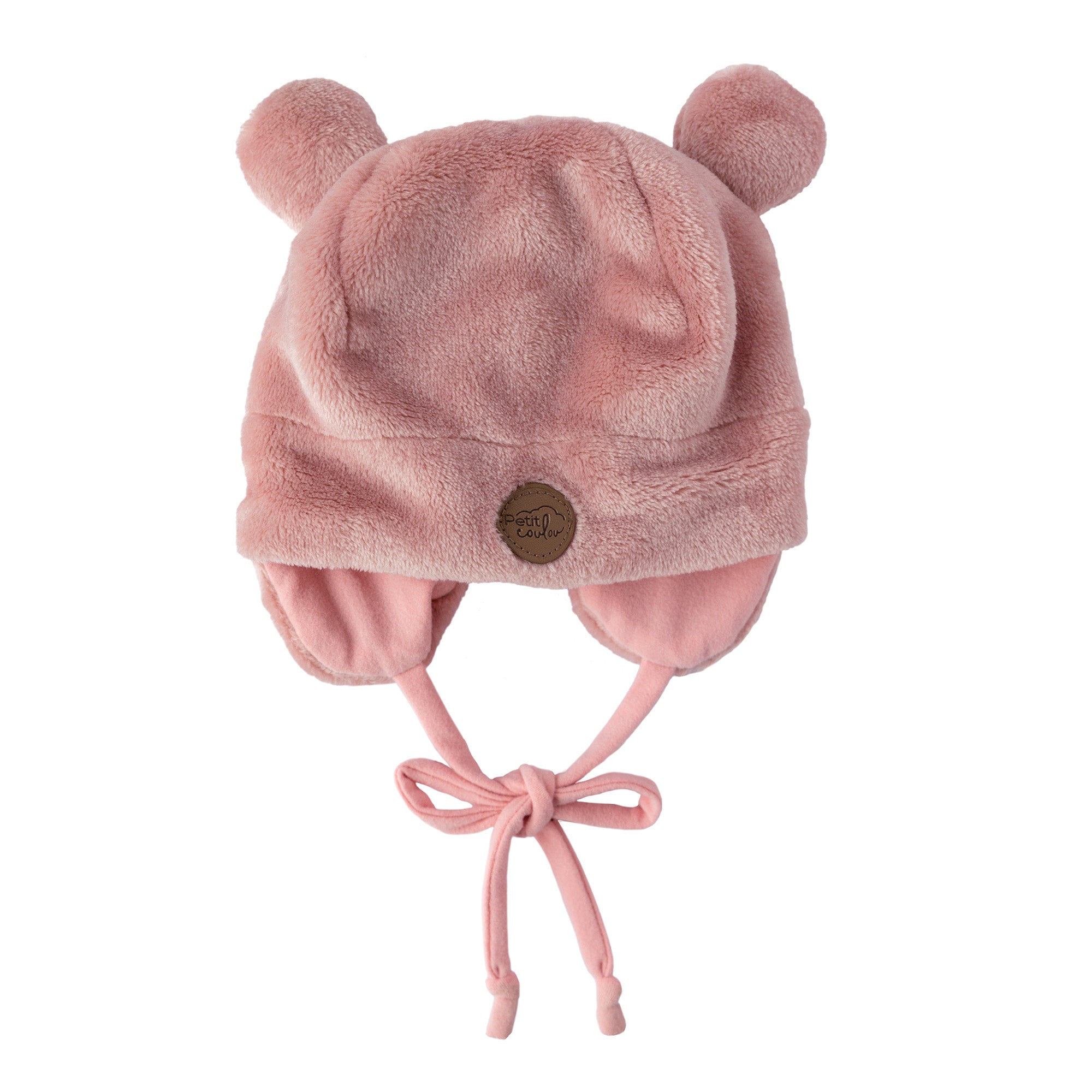 Pink teddy bear hat in minky fur by Petit Coulou.