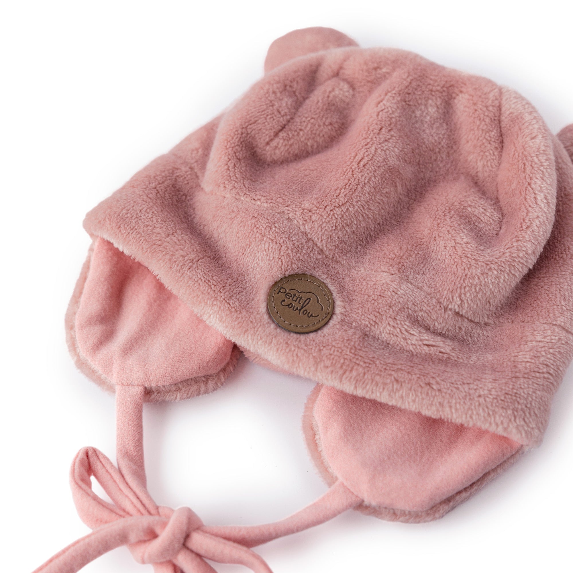 Tuque ourson Rose en minky pour enfant avec logo en faux cuir Petit Coulou