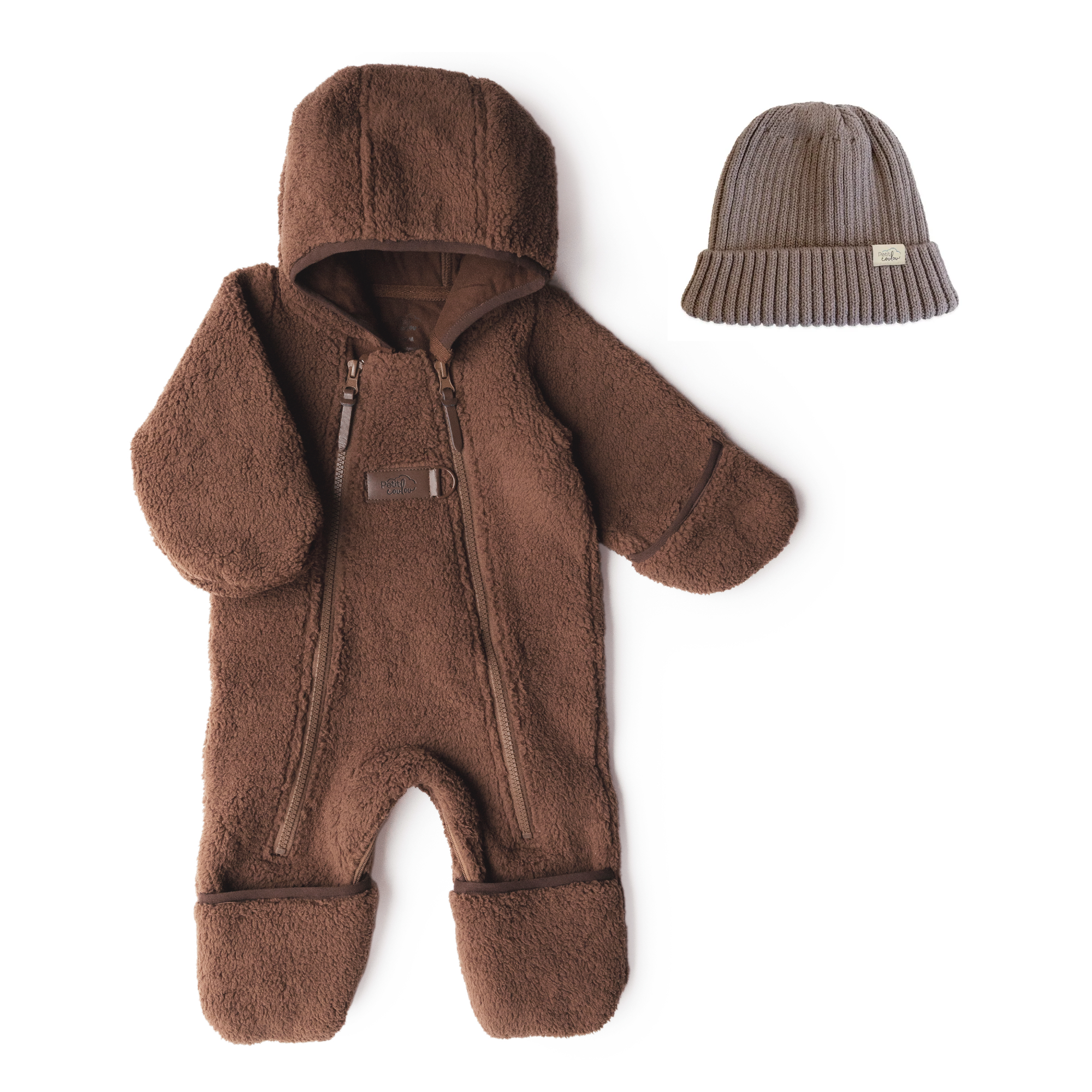 Bundle: Lined Brown Sherpa Jumpsuit with Knit Beanie