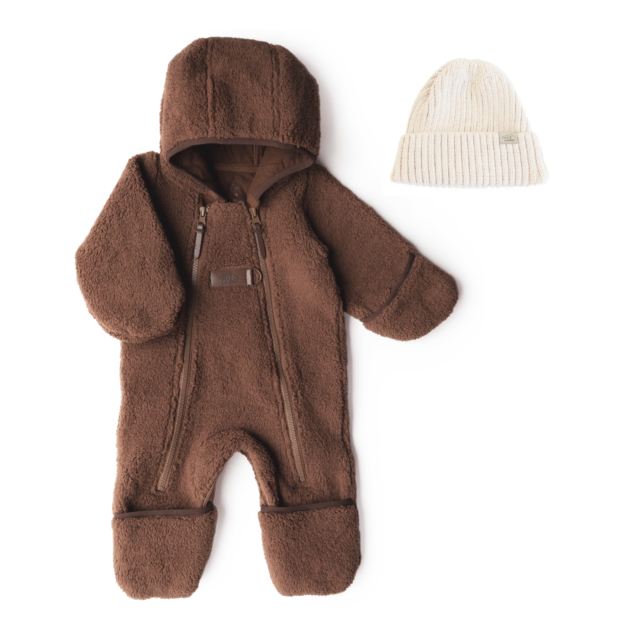Bundle: Lined Brown Sherpa Jumpsuit with Knit Beanie