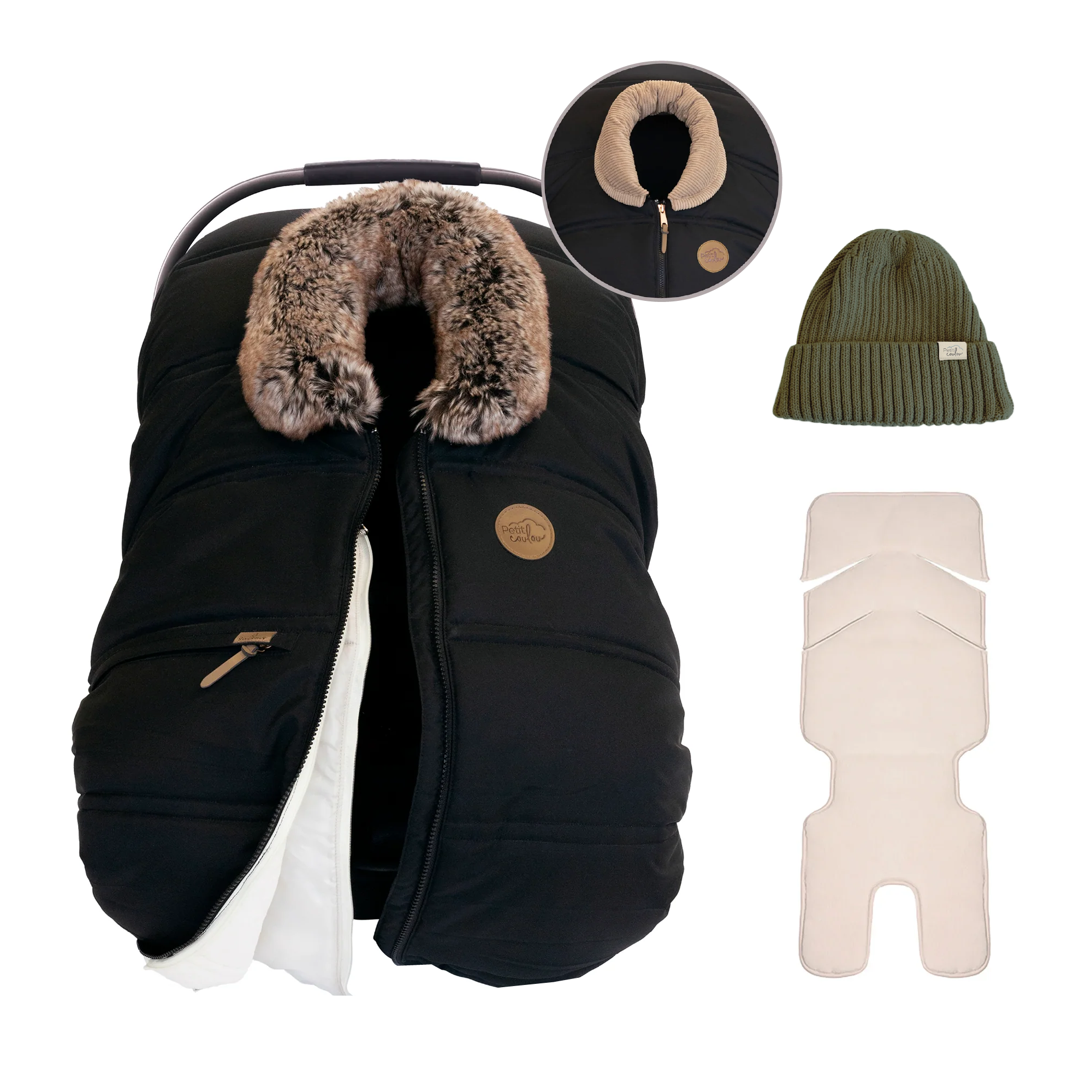 Bundle: 3-Season cover with interchangeable collars, knit beanie and insulated backing