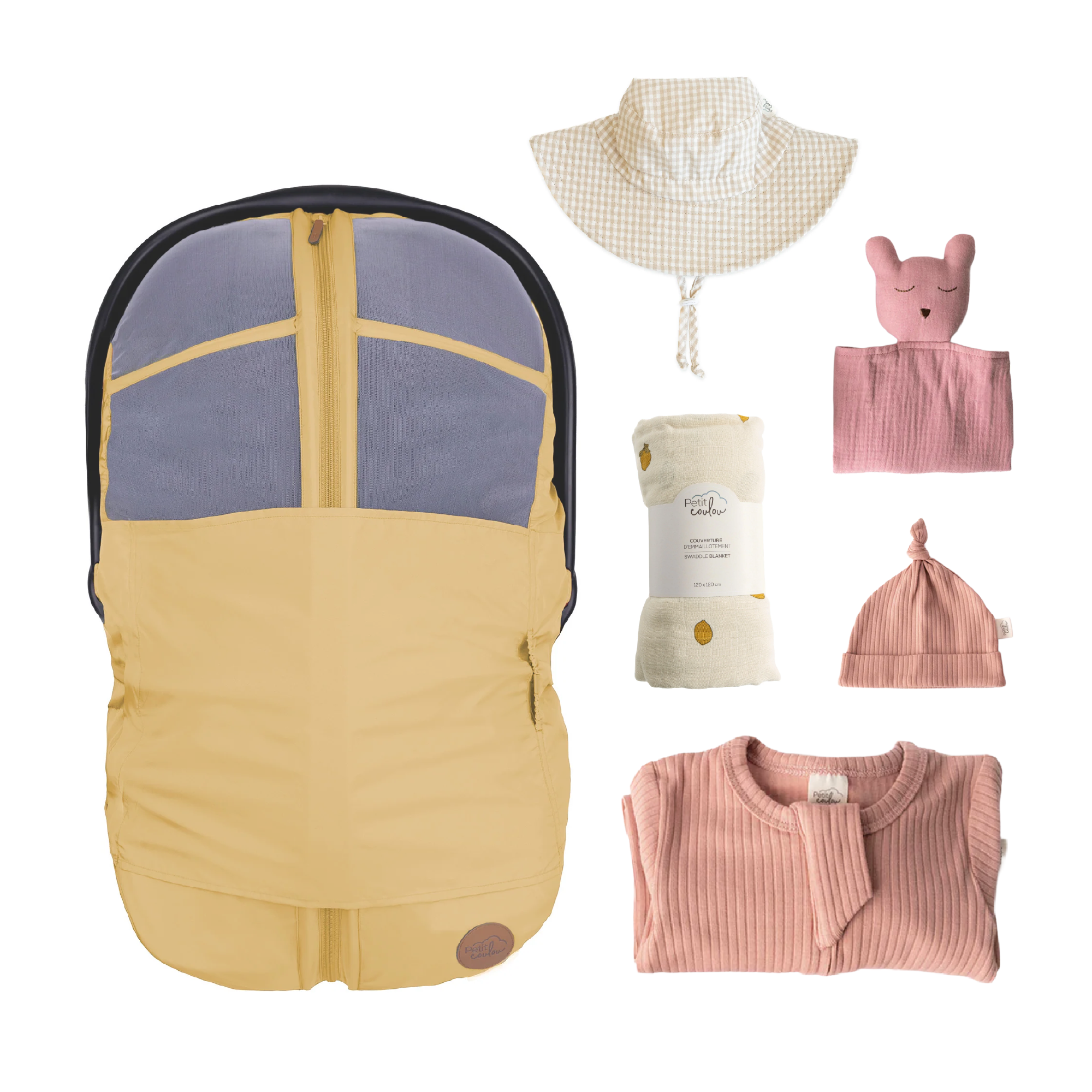 Combo : Housse été 4-en-1 avec coffret cadeau nouveau-né, mousseline et chapeau soleil