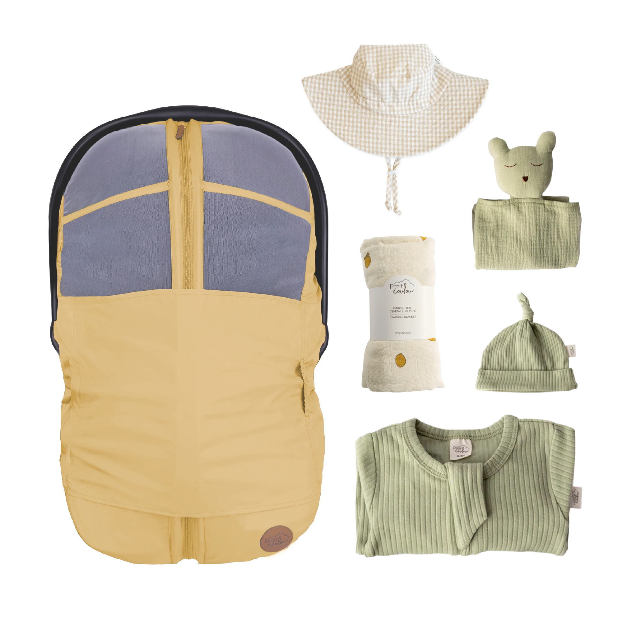 Combo : Housse été 4-en-1 avec coffret cadeau nouveau-né, mousseline et chapeau soleil