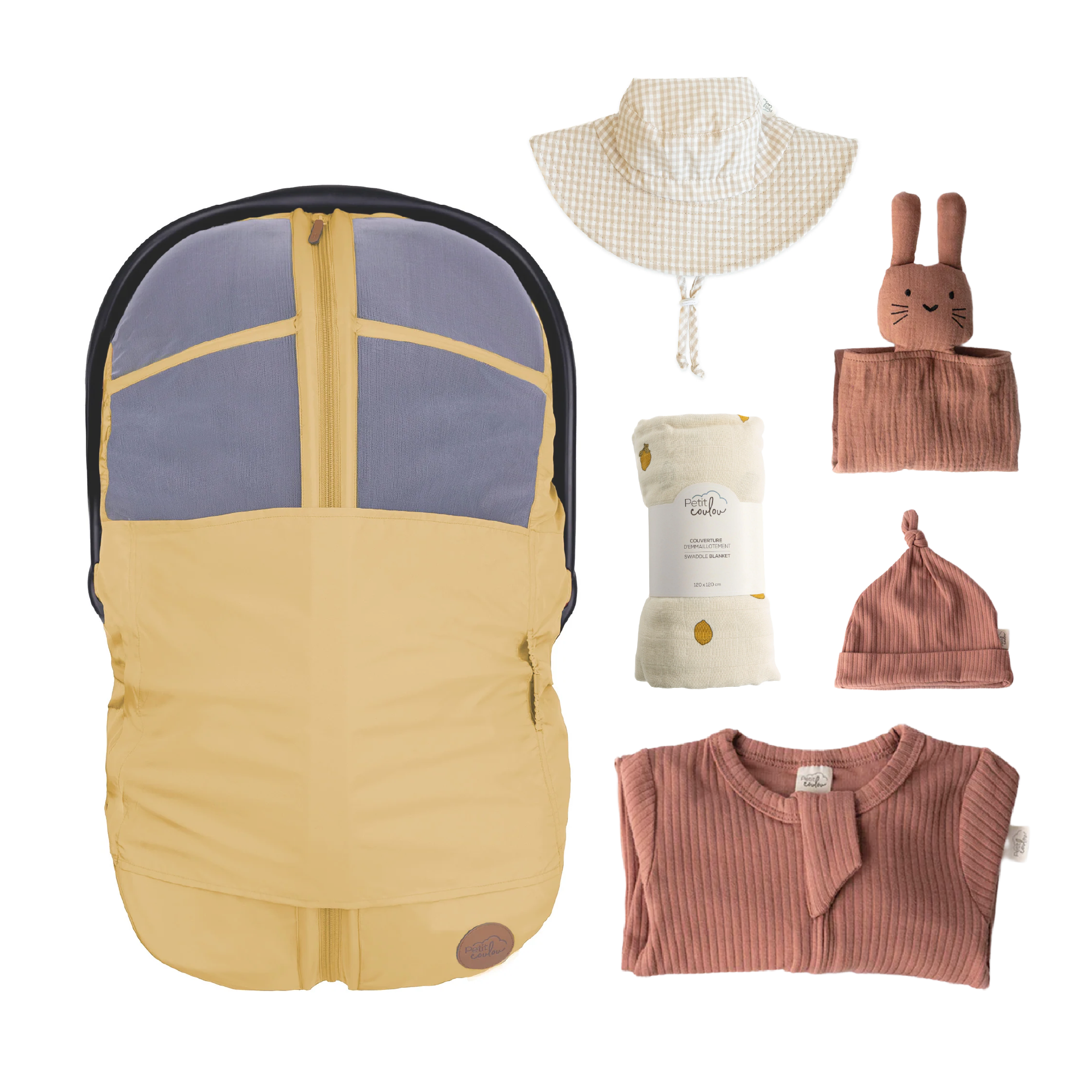 Combo : Housse été 4-en-1 avec coffret cadeau nouveau-né, mousseline et chapeau soleil