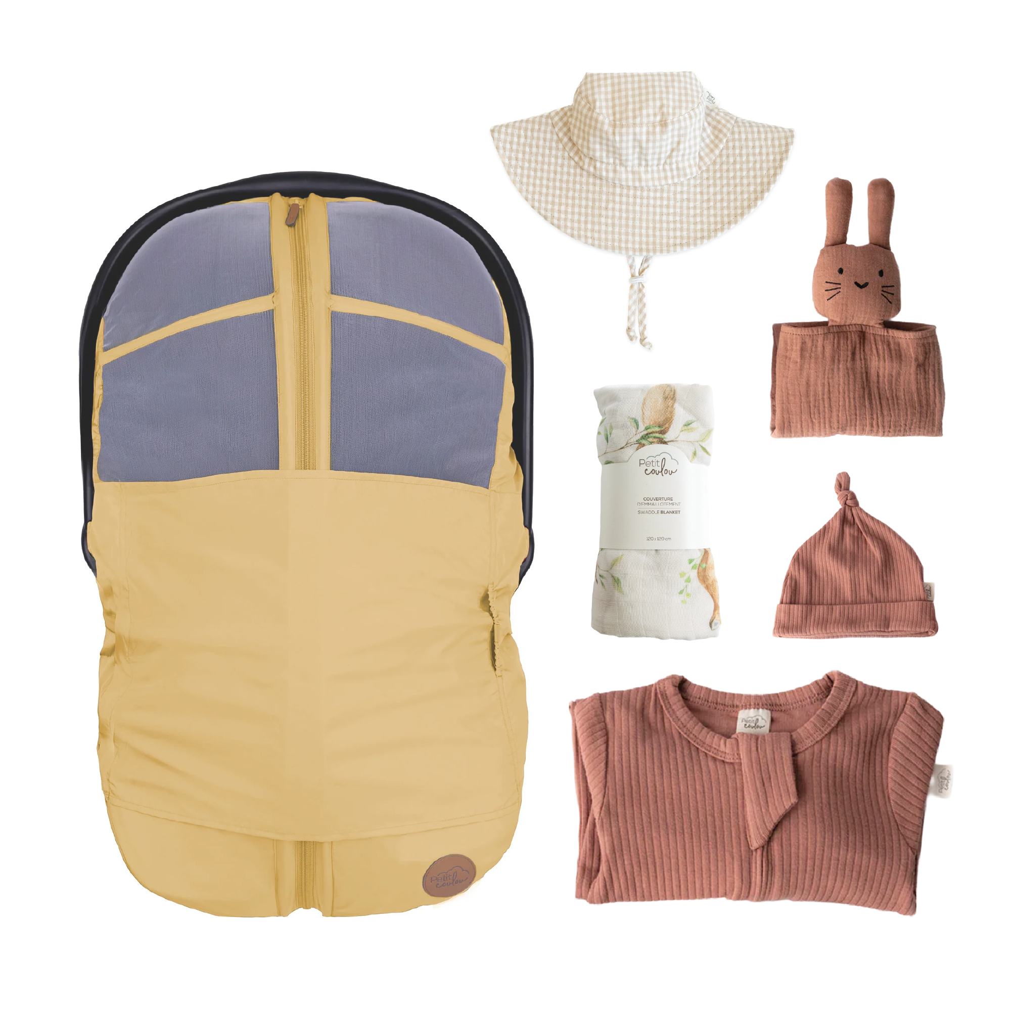 Combo : Housse été 4-en-1 avec coffret cadeau nouveau-né, mousseline et chapeau soleil