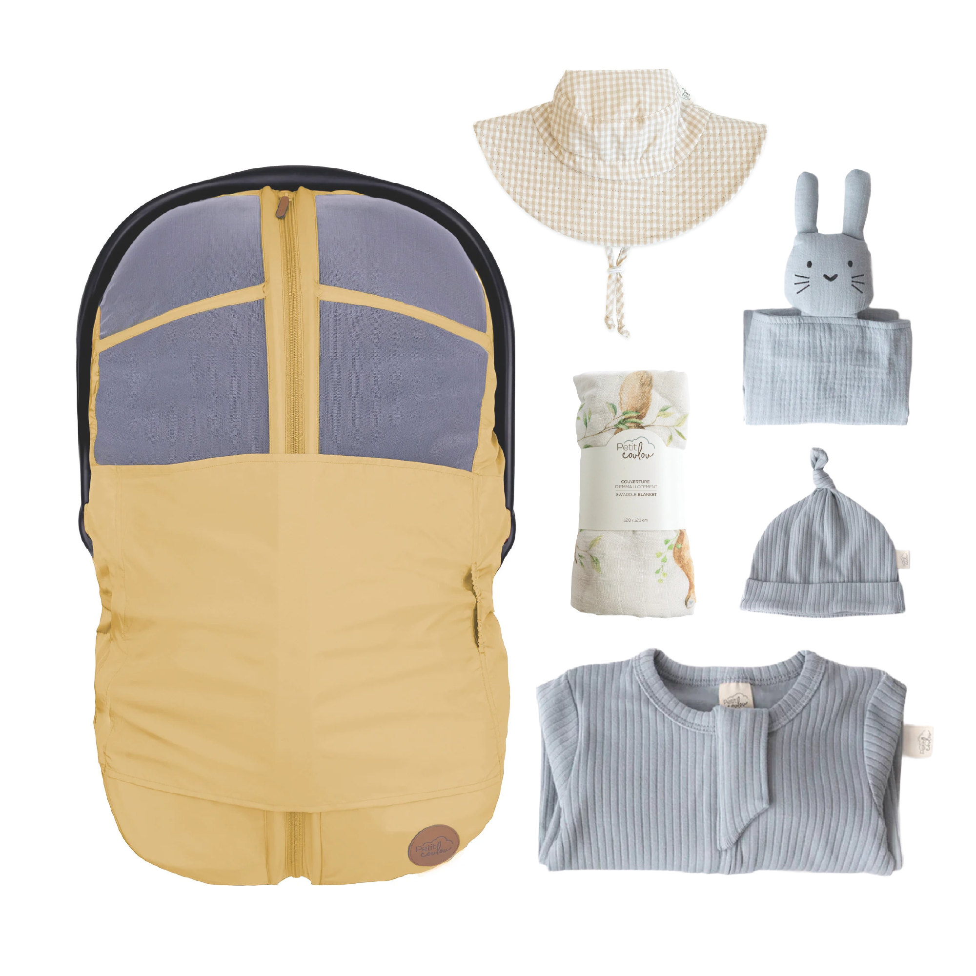 Combo : Housse été 4-en-1 avec coffret cadeau nouveau-né, mousseline et chapeau soleil