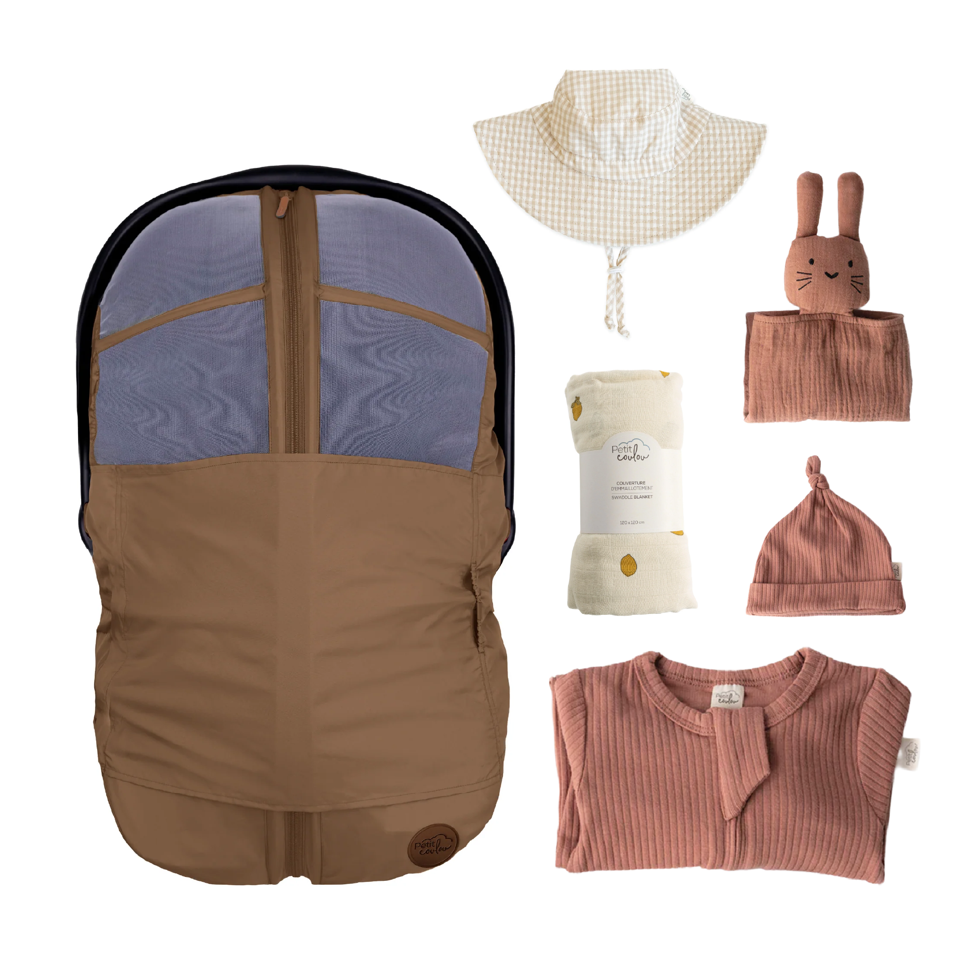 Combo : Housse été 4-en-1 avec coffret cadeau nouveau-né, mousseline et chapeau soleil