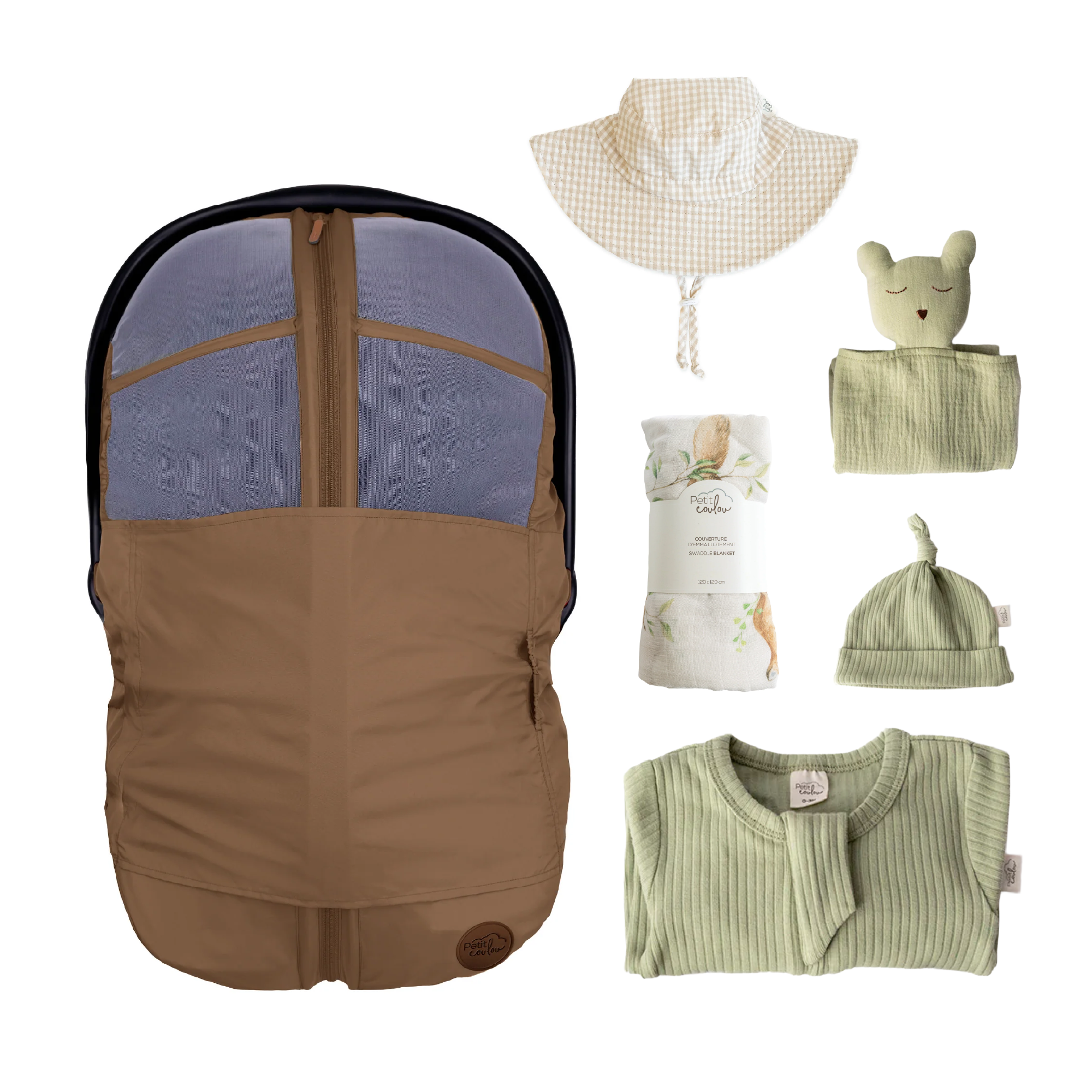 Combo : Housse été 4-en-1 avec coffret cadeau nouveau-né, mousseline et chapeau soleil