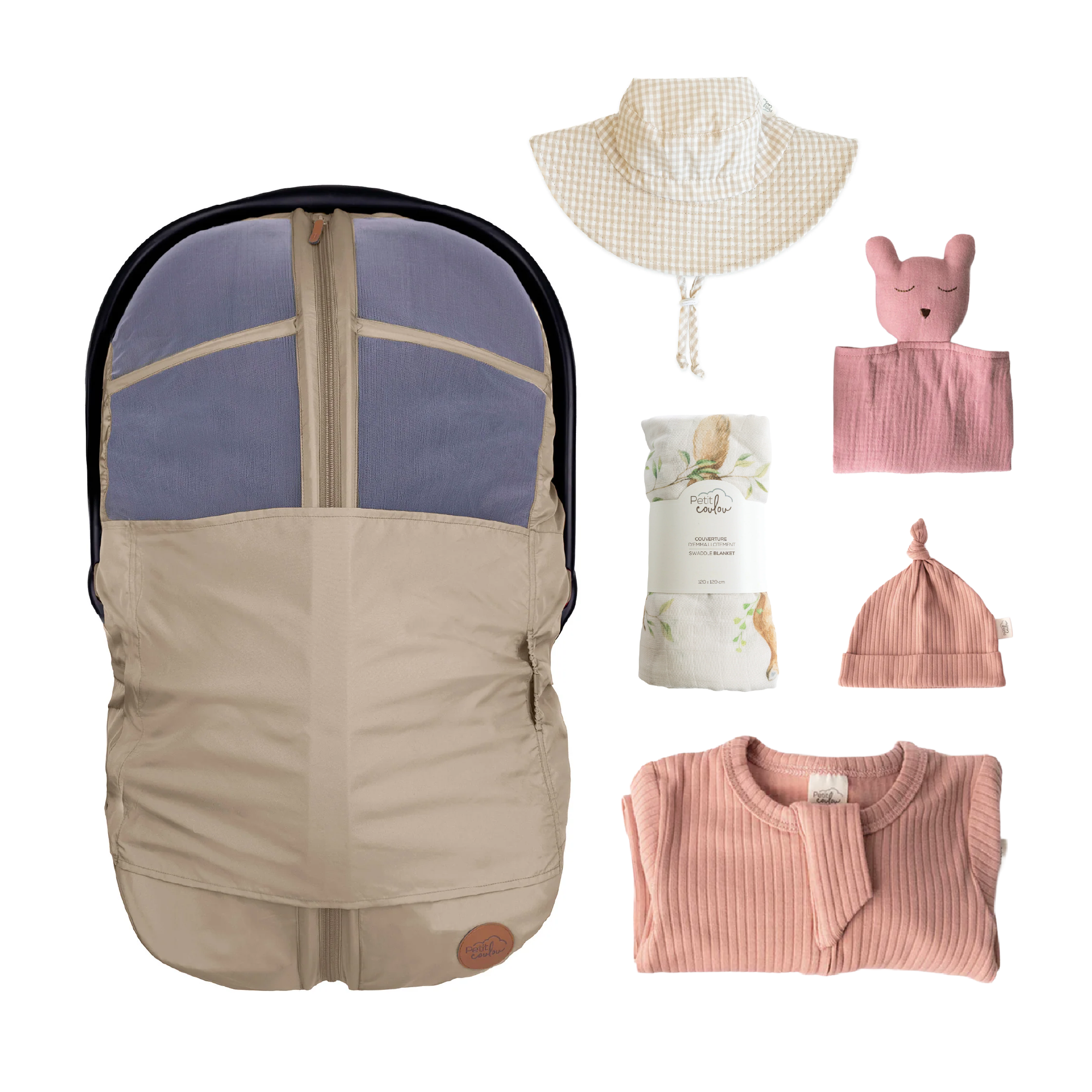 Combo : Housse été 4-en-1 avec coffret cadeau nouveau-né, mousseline et chapeau soleil