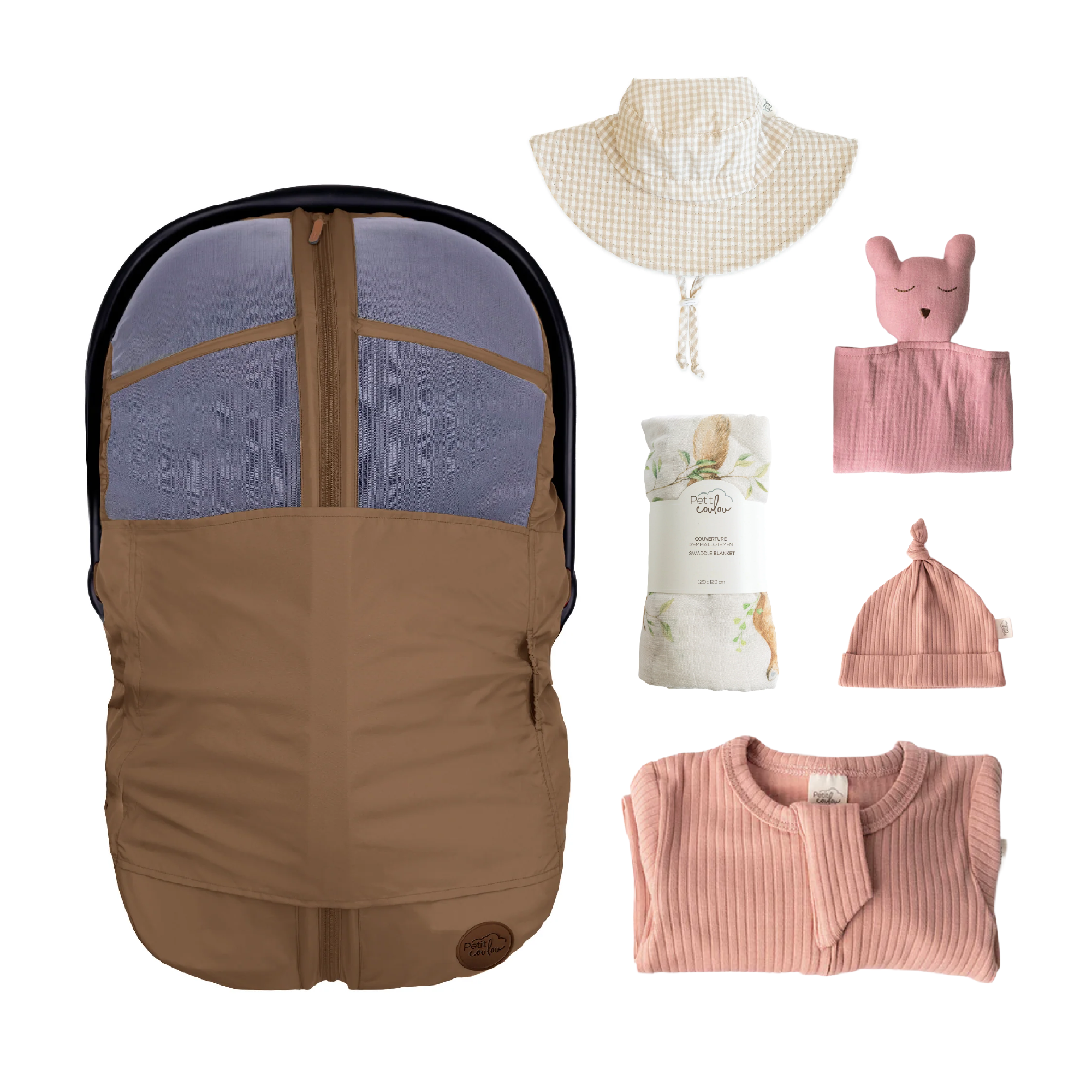 Combo : Housse été 4-en-1 avec coffret cadeau nouveau-né, mousseline et chapeau soleil