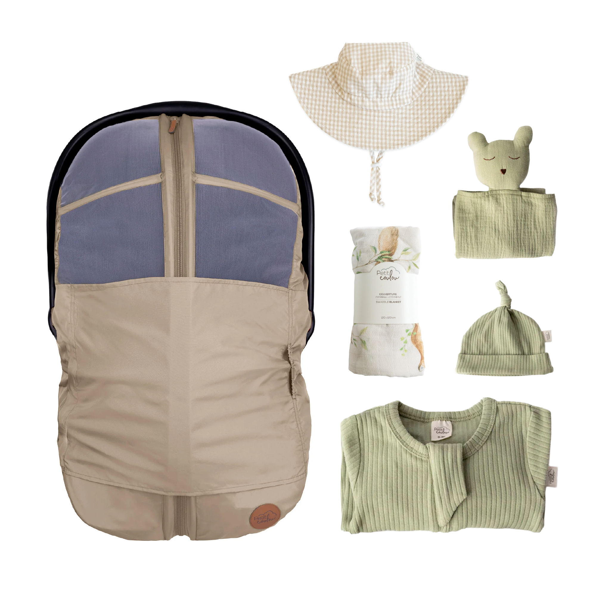 Combo : Housse été 4-en-1 avec coffret cadeau nouveau-né, mousseline et chapeau soleil