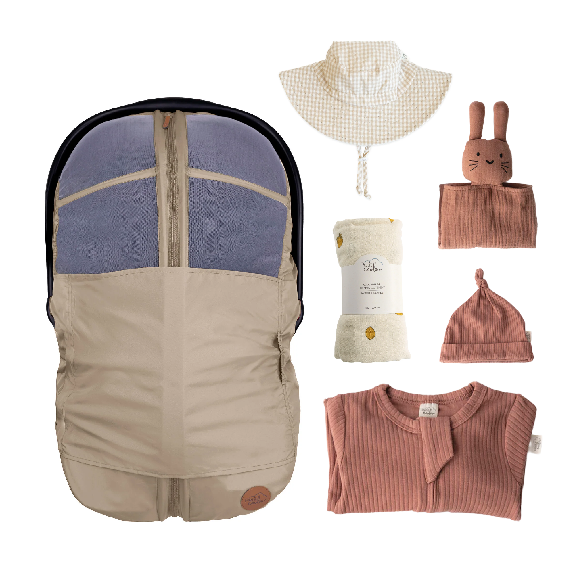 Combo : Housse été 4-en-1 avec coffret cadeau nouveau-né, mousseline et chapeau soleil