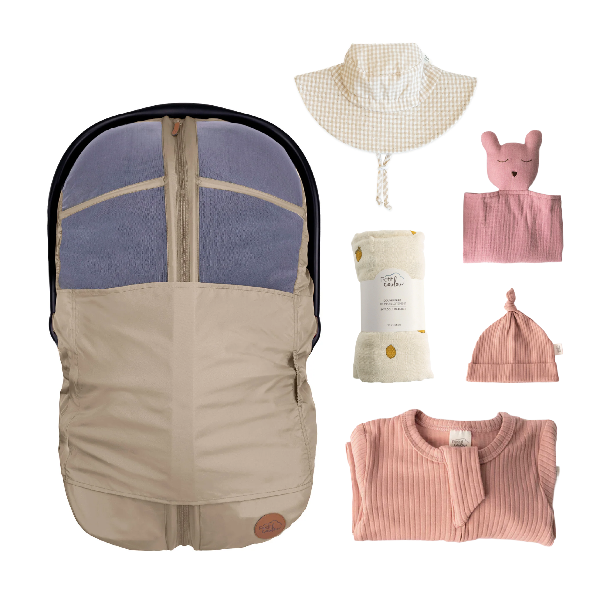 Combo : Housse été 4-en-1 avec coffret cadeau nouveau-né, mousseline et chapeau soleil