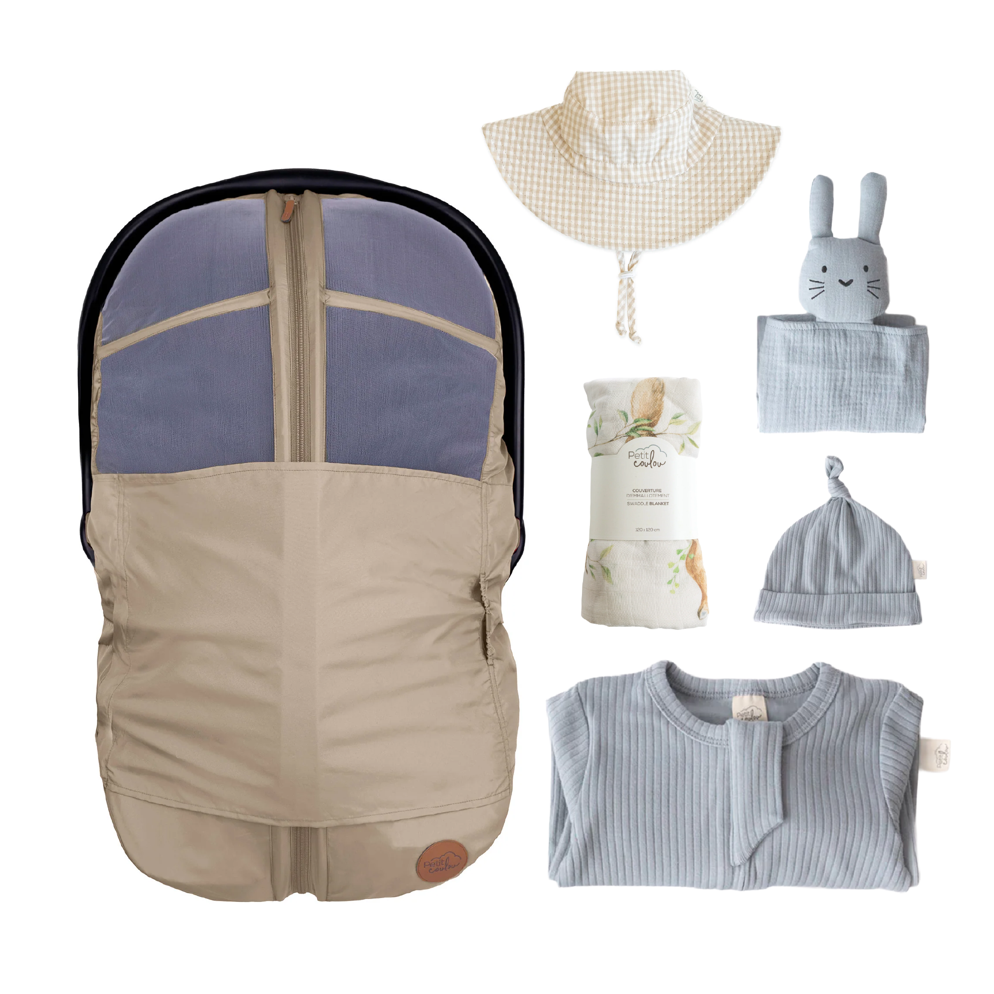 Combo : Housse été 4-en-1 avec coffret cadeau nouveau-né, mousseline et chapeau soleil